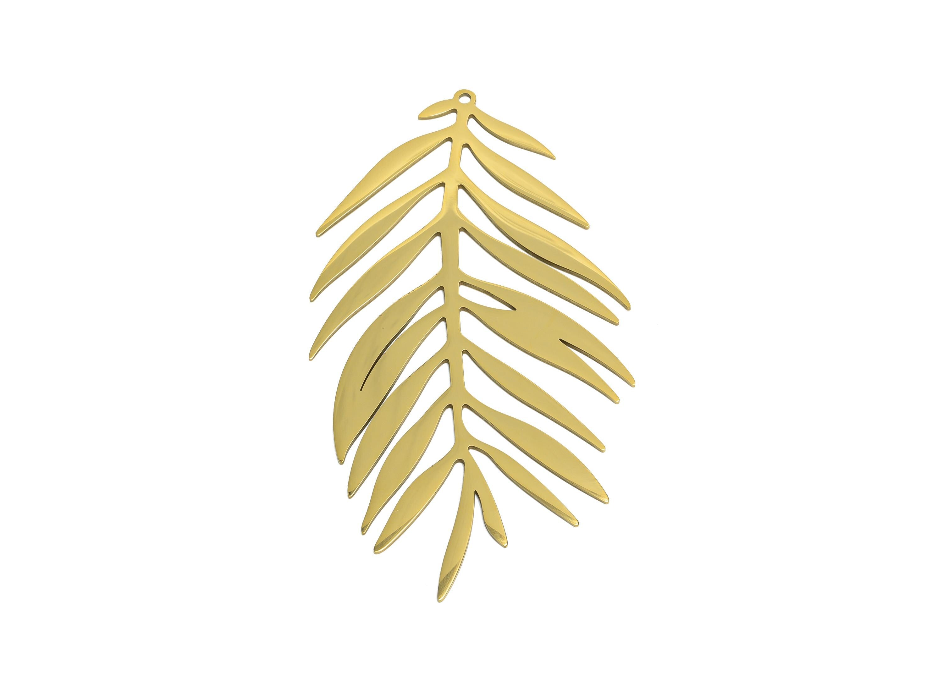 Steel Leaf Pendant - Large Leaf Botanical Jewelry Component - Natural Leaf Pendant - 18K Real Vacuum Plated - 69.7x38.9x0.98mm - SS2625G - DOMEDBAZAAR