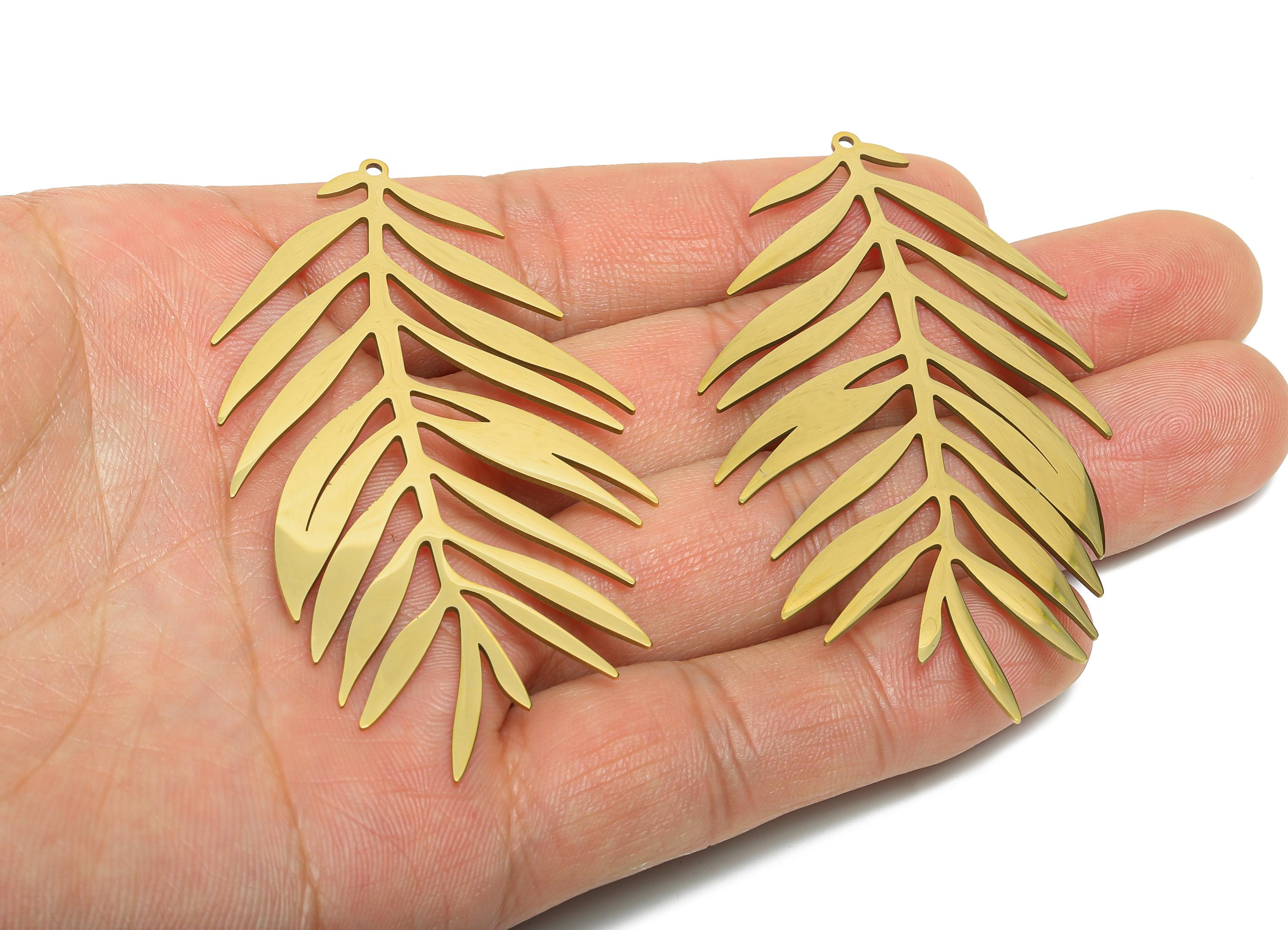 Steel Leaf Pendant - Large Leaf Botanical Jewelry Component - Natural Leaf Pendant - 18K Real Vacuum Plated - 69.7x38.9x0.98mm - SS2625G - DOMEDBAZAAR