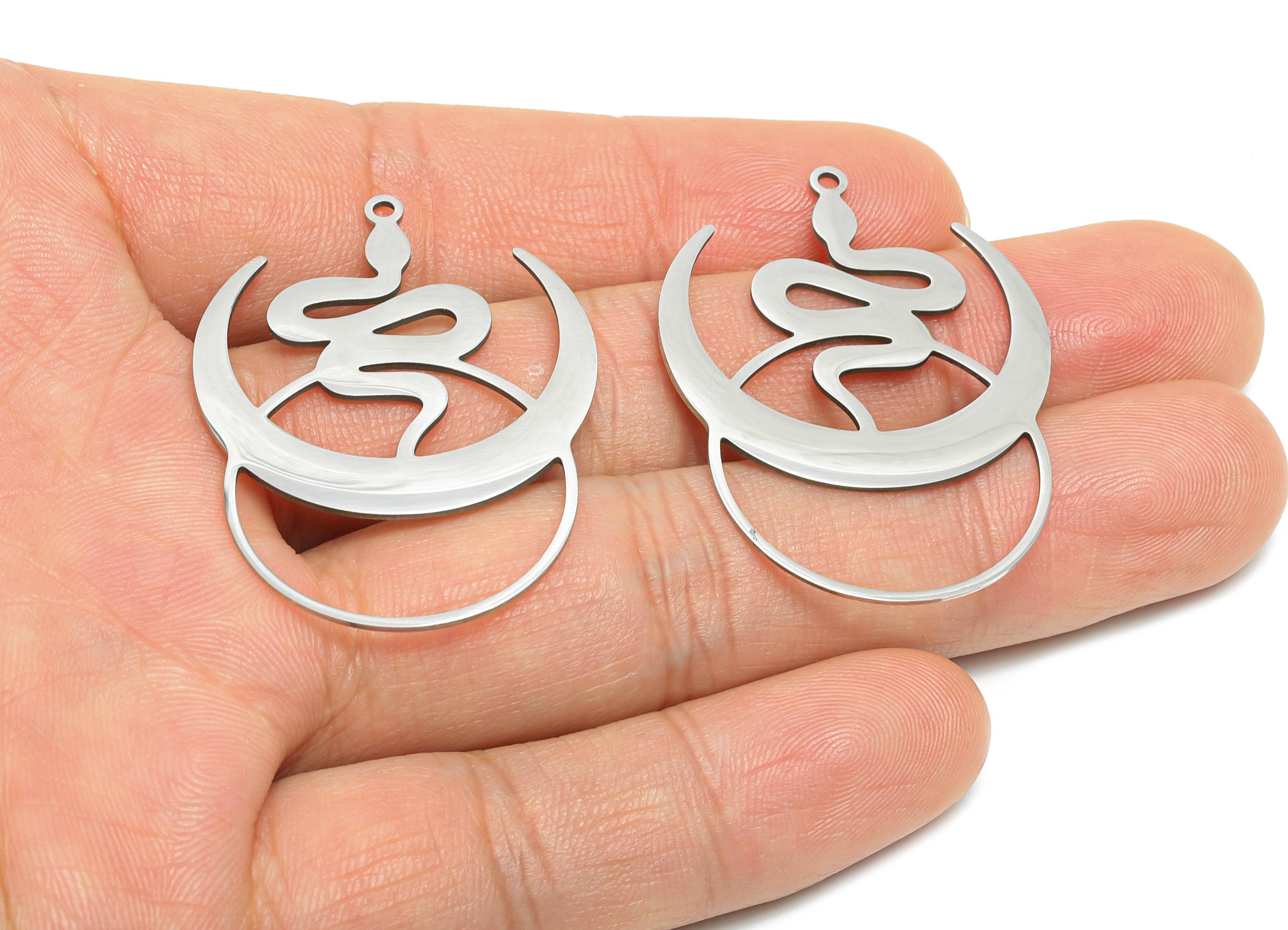 Steel Crescent Snake Pendant - Celestial Moon Serpent Amulet - Spiritual Serpent Necklace Charm - DIY Jewelry Making -41.7x30x0.98mm -SS2613 - DOMEDBAZAAR