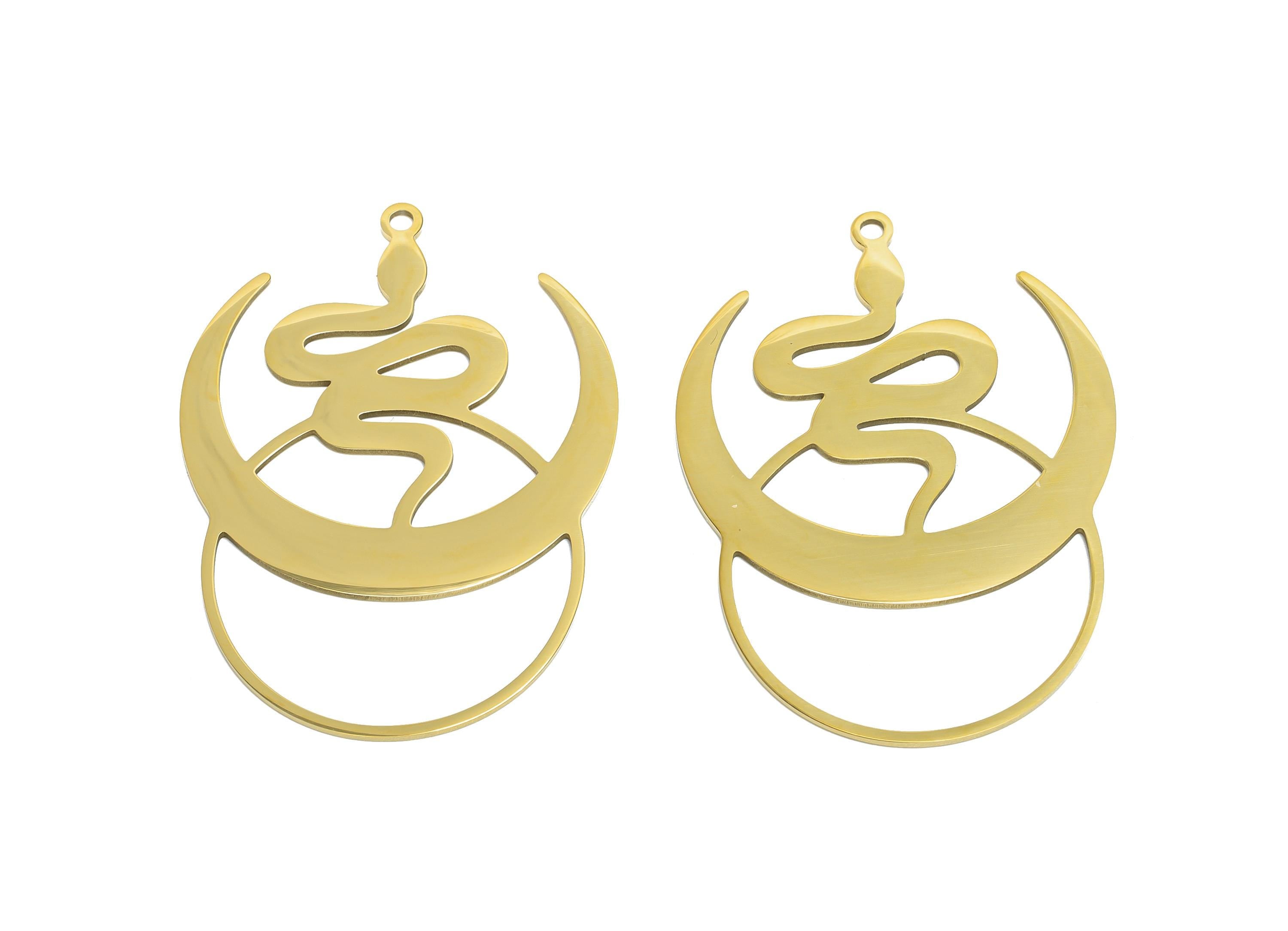 Steel Crescent Snake Pendant - Celestial Moon Serpent Amulet - Spiritual Serpent Necklace Charm - 18K Vacuum Plated - 41x30x0.98mm - SS2613G - DOMEDBAZAAR