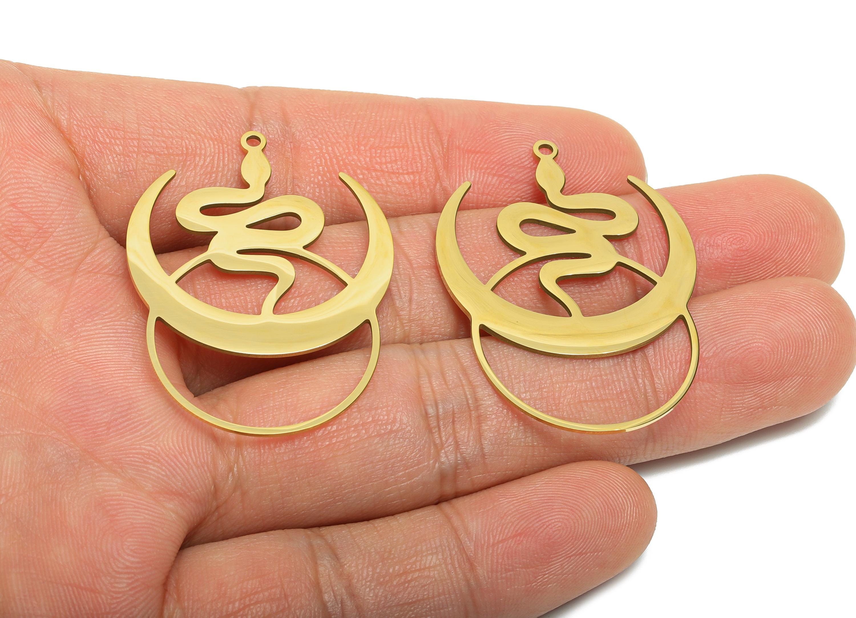 Steel Crescent Snake Pendant - Celestial Moon Serpent Amulet - Spiritual Serpent Necklace Charm - 18K Vacuum Plated - 41x30x0.98mm - SS2613G - DOMEDBAZAAR