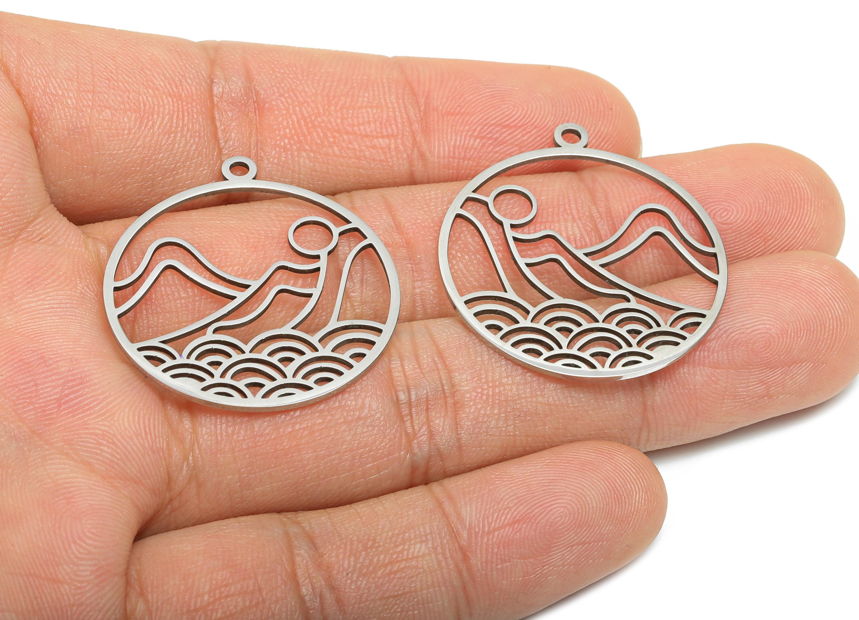 Minimalist Landscape Pendant - Round Geometric Hollow Charm - Cutout Mountain Waves Sun Necklace - DIY Steel Finding - 33x30x0.98mm - SS2615 - DOMEDBAZAAR