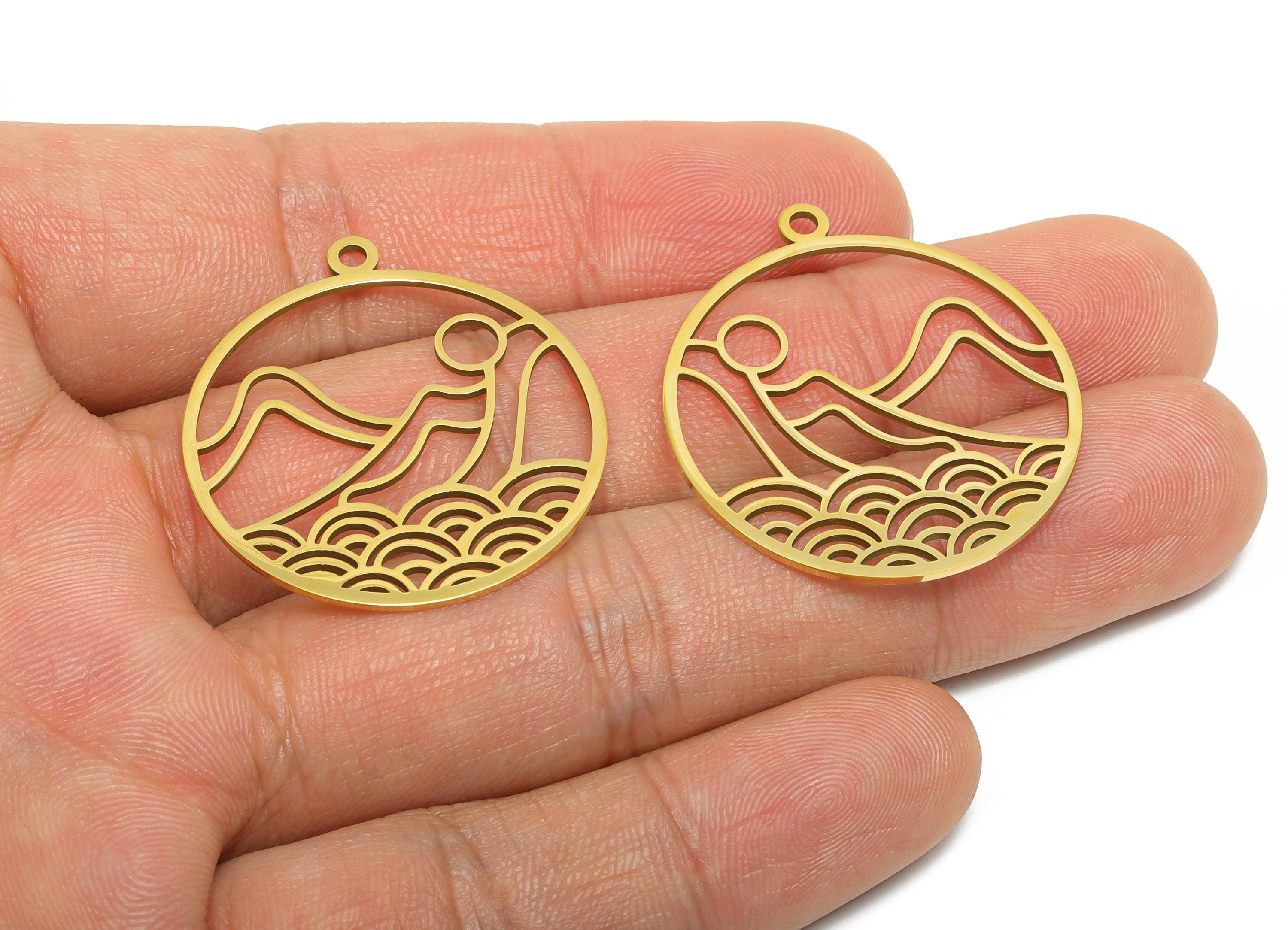 Minimalist Landscape Pendant - Round Geometric Hollow Charm - Cutout Mountain Waves Sun Charm - 18K Vacuum Plated - 33x30x0.98mm - SS2615G