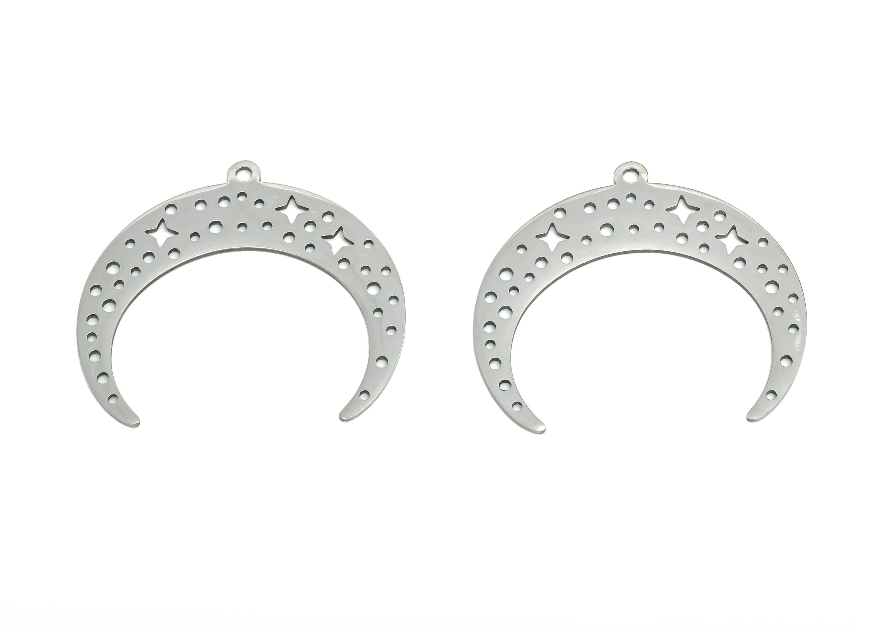 Stainless Steel Crescent Pendant - Star Jewelry Charm For Necklace - Steel Moon Necklace Charm -  Celestial Jewelry - 31x27x0.98mm - SS2594 - DOMEDBAZAAR