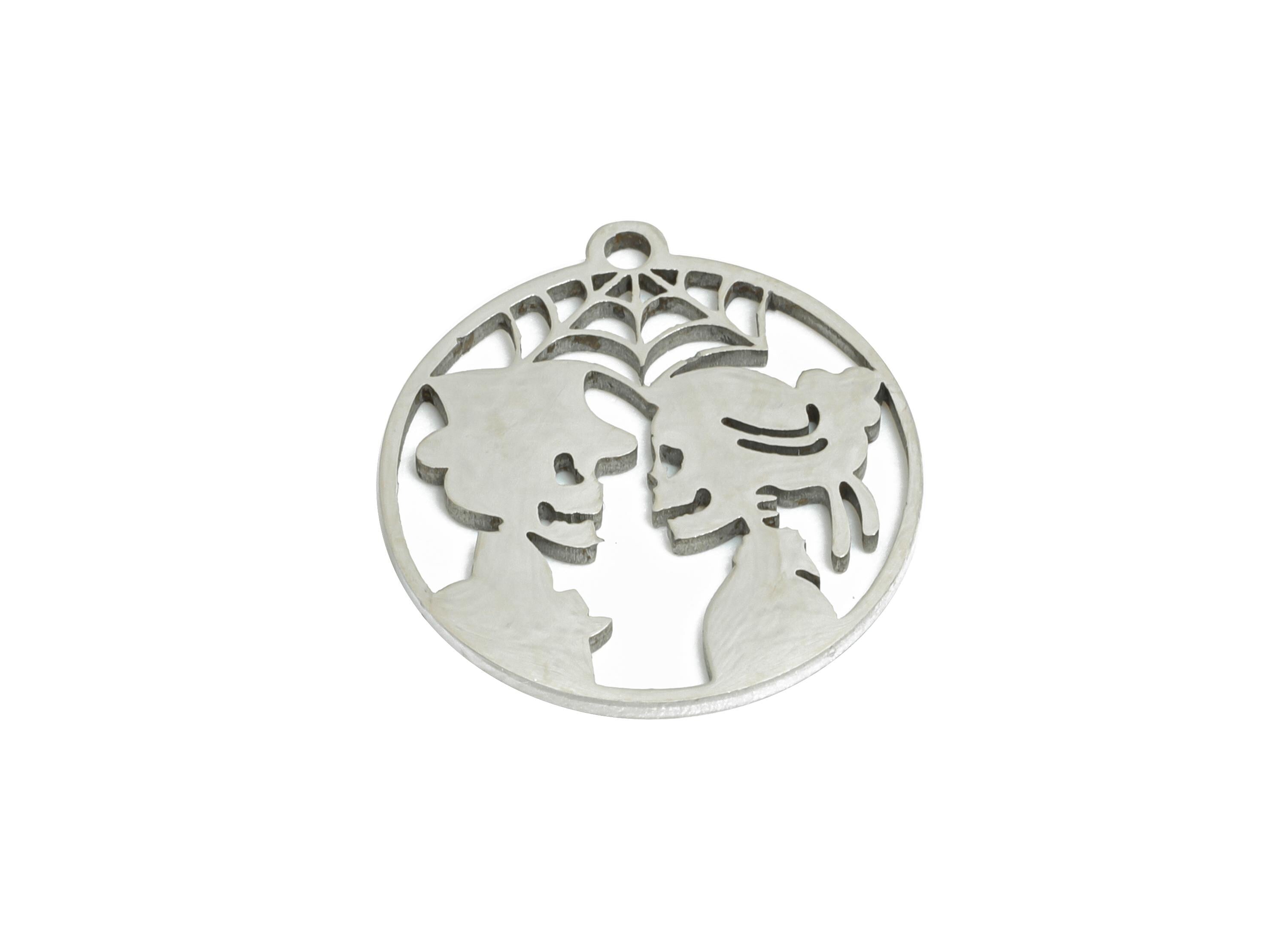 Steel Skeleton Love Pendant - Gothic Couple Charm - Halloween Romance Necklace - Skull Lovers Pendant - Stainless Steel - 15x14x1mm -SS2435 - DOMEDBAZAAR