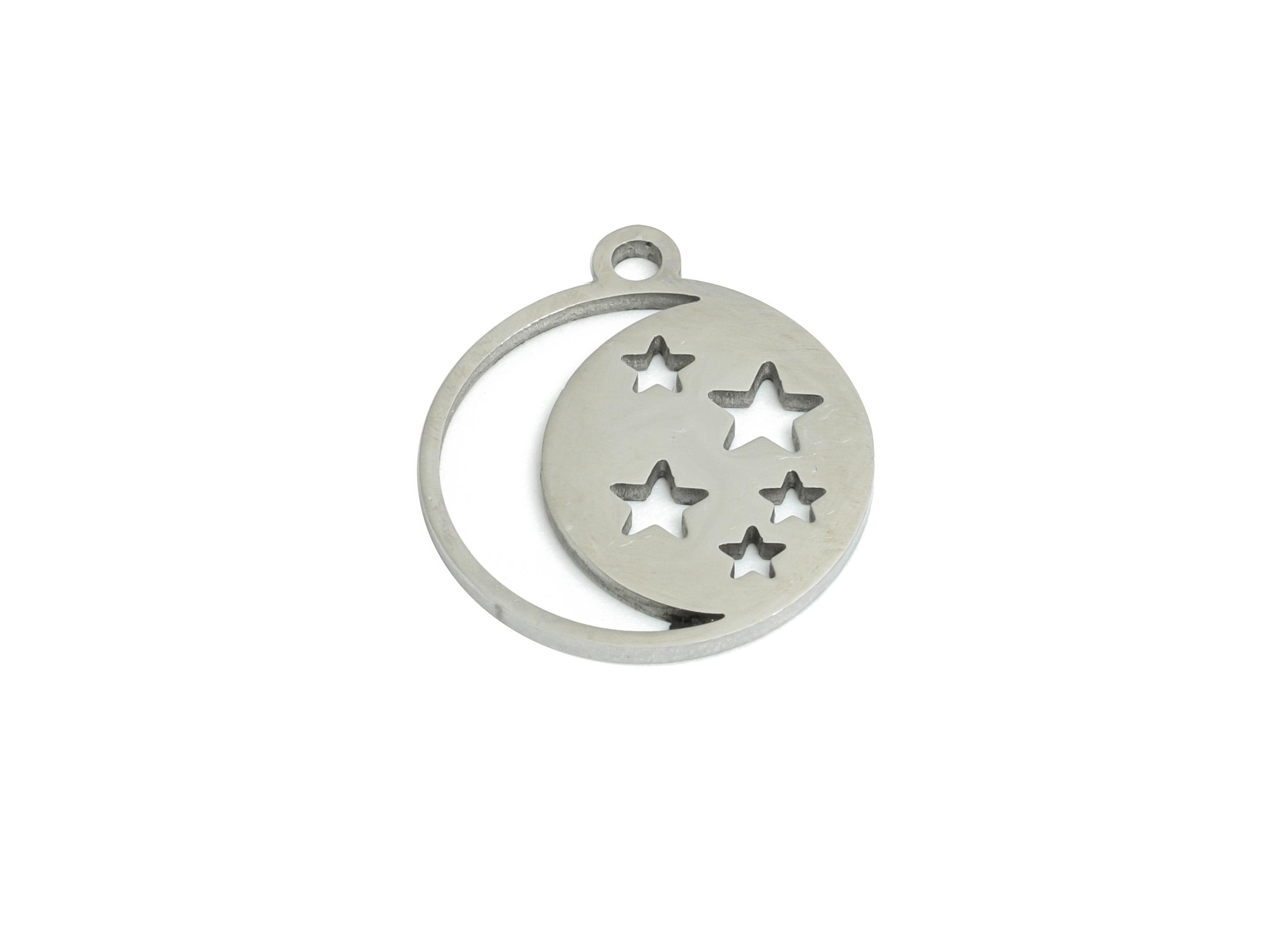 Steel Crescent Earring Charm - Boho Moon Star Earring Charm - Whimsical Space Charm For Bracelet - Stainless Steel Charm -14x12x1mm - SS2459 - DOMEDBAZAAR