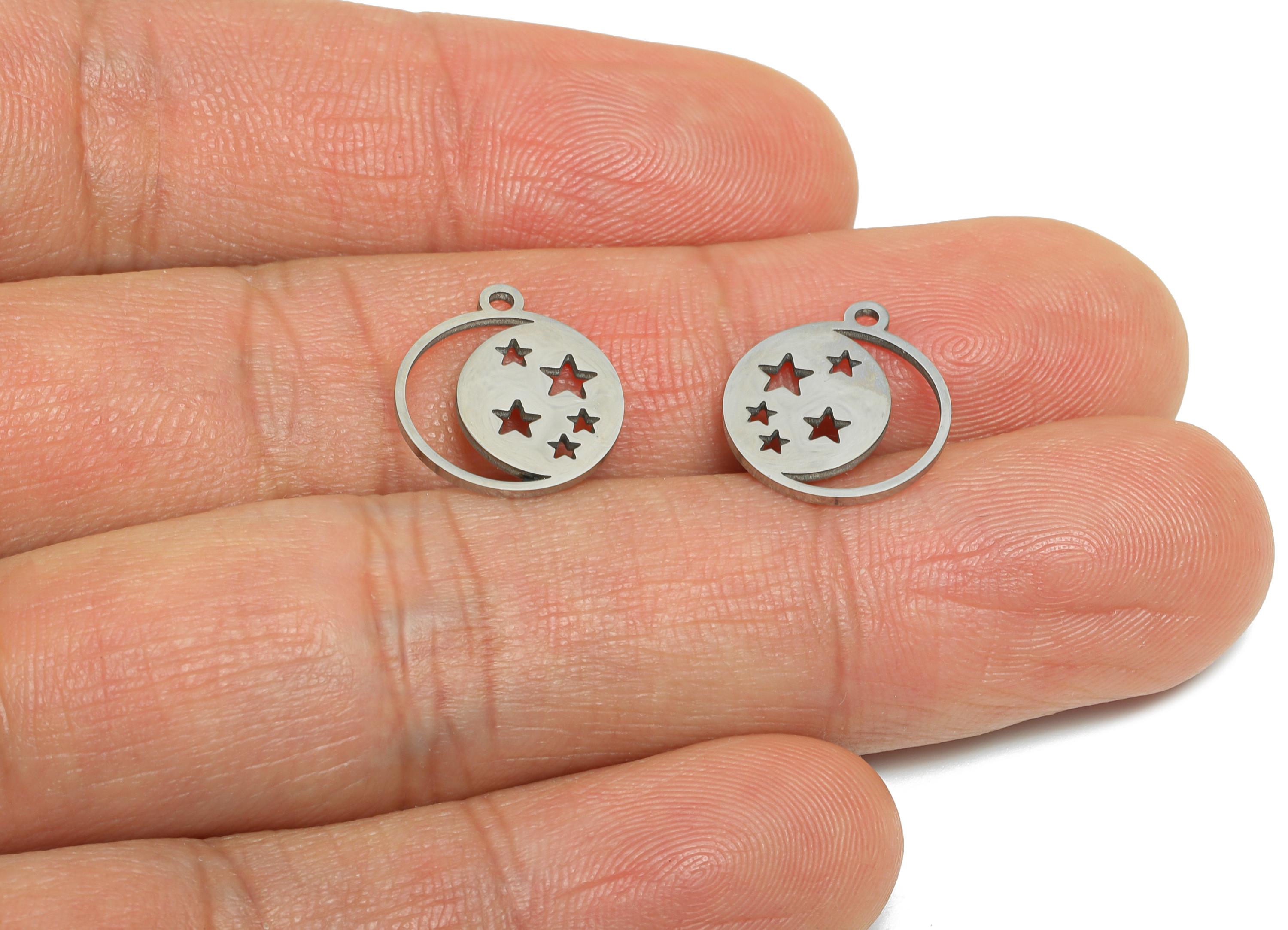 Steel Crescent Earring Charm - Boho Moon Star Earring Charm - Whimsical Space Charm For Bracelet - Stainless Steel Charm -14x12x1mm - SS2459 - DOMEDBAZAAR