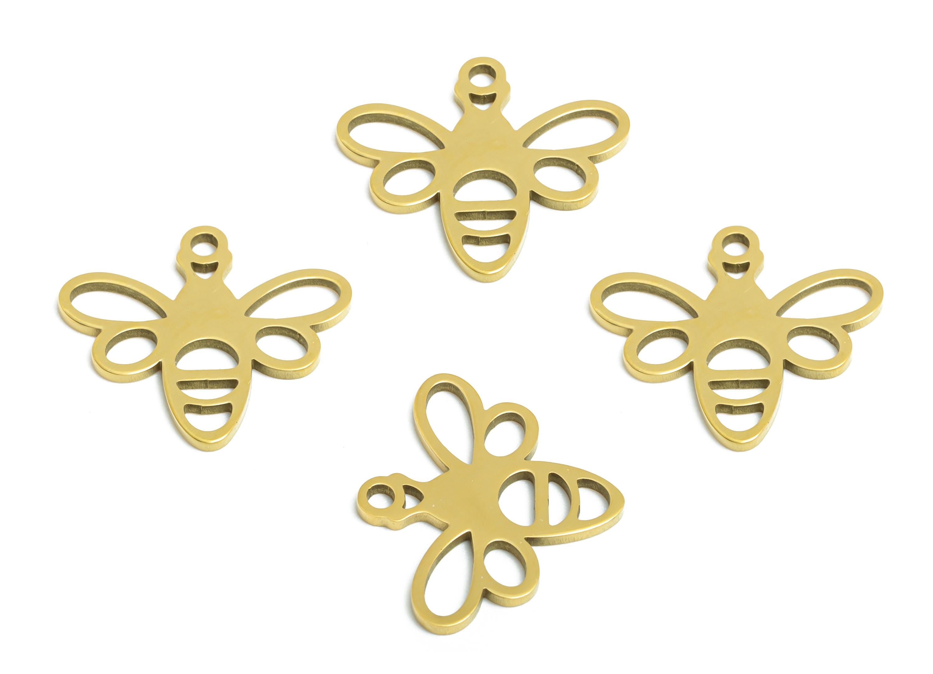 Stainless Steel Bee Charm - Minimalist Insect Pendant - Nature-Inspired Bee Jewelry DIY - 18K Real Vacuum Plated - 15.9x14x0.98mm - SS2475G - DOMEDBAZAAR