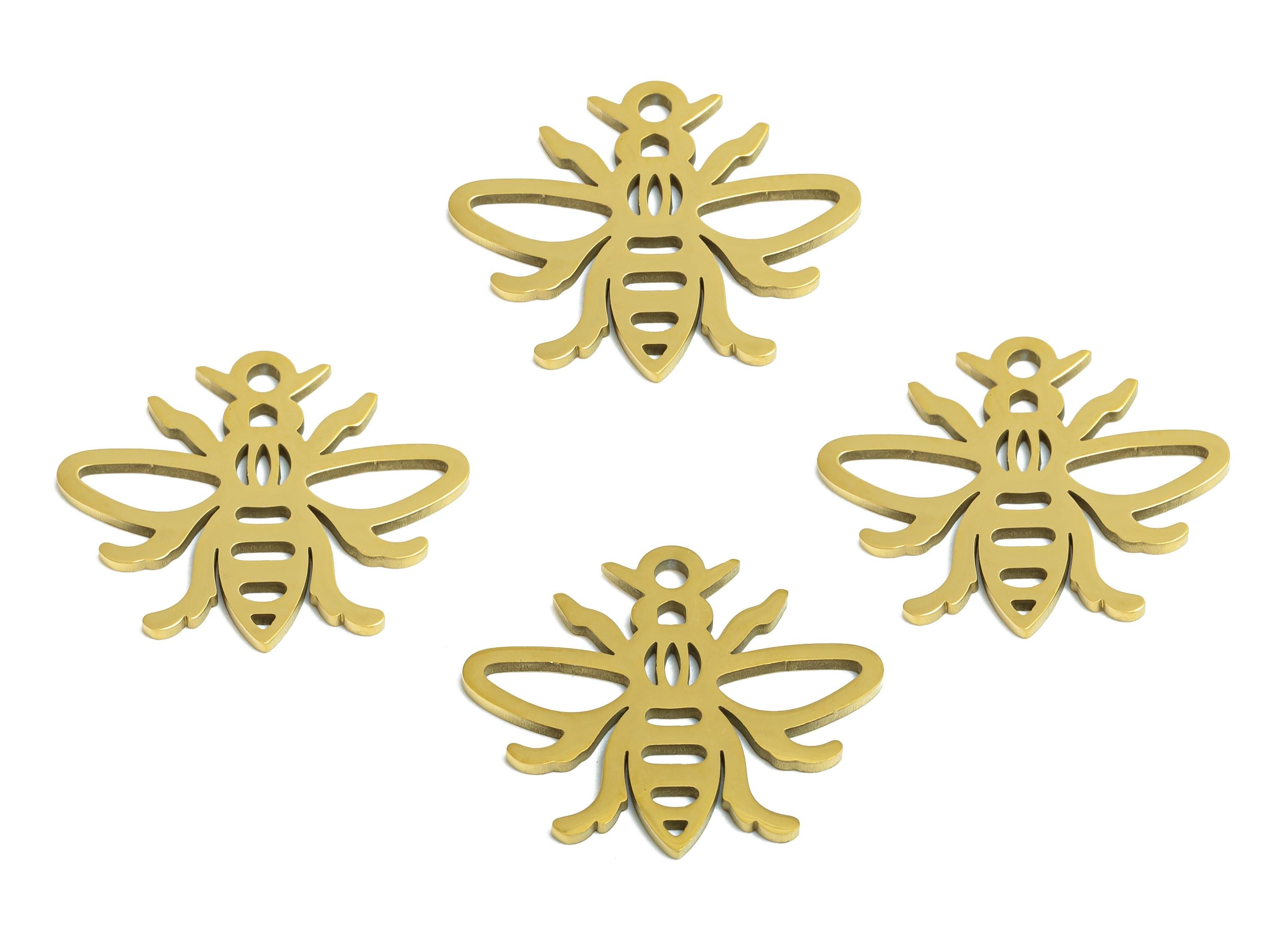 Stainless Steel Bee Charm - Minimalist Insect Pendant - DIY Craft Bumblebee Component - 18K Real Vacuum Plated - 19.8x16.75x0.98mm - SS2494G - DOMEDBAZAAR