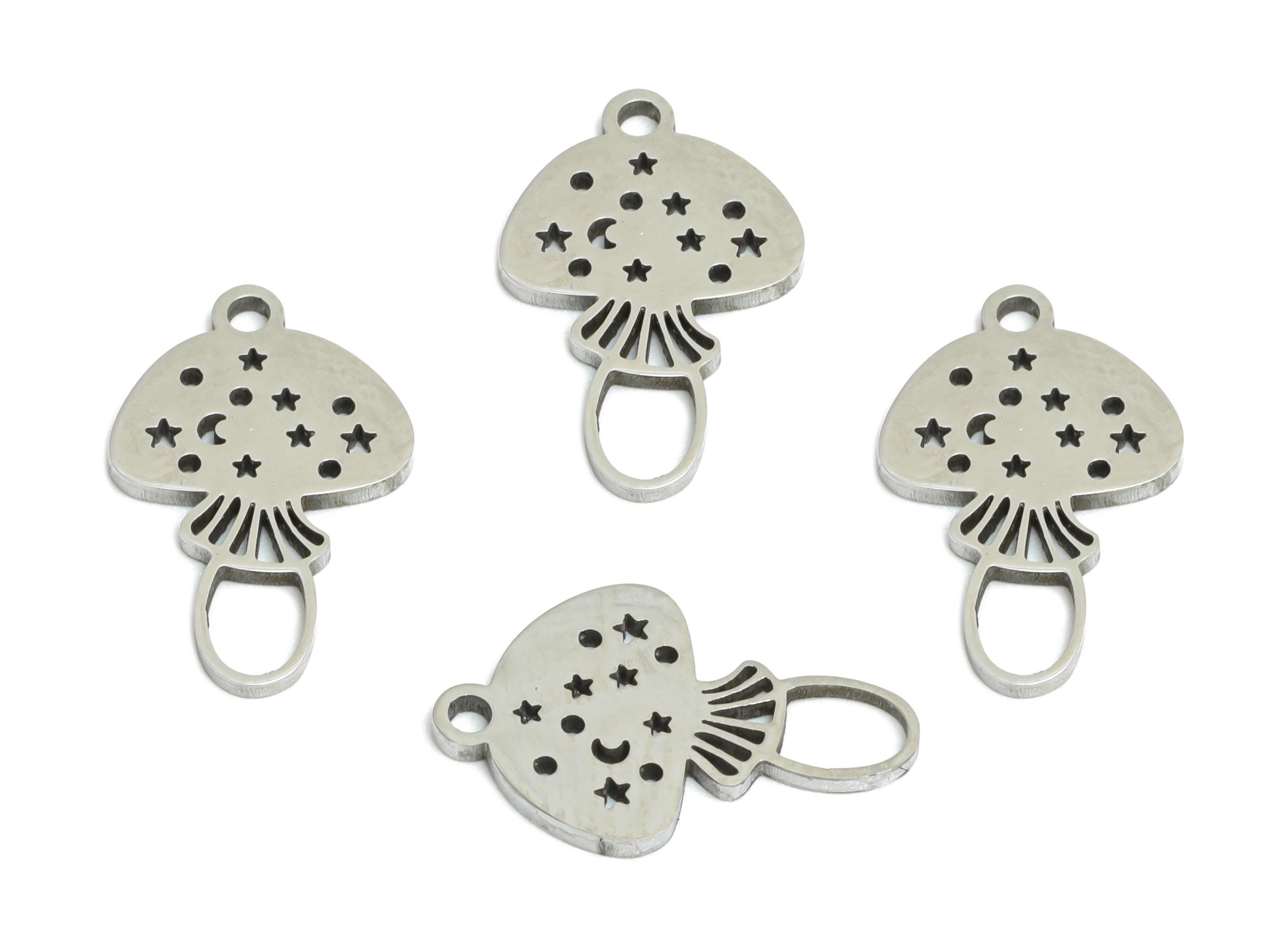 Steel Mushroom Charm - Whimsical Celestial Moon Star Fungi Charm - Boho Mushroom Bracelet Pendant - Steel Jewelry - 14.86x9x0.98mm - SS2493 - DOMEDBAZAAR