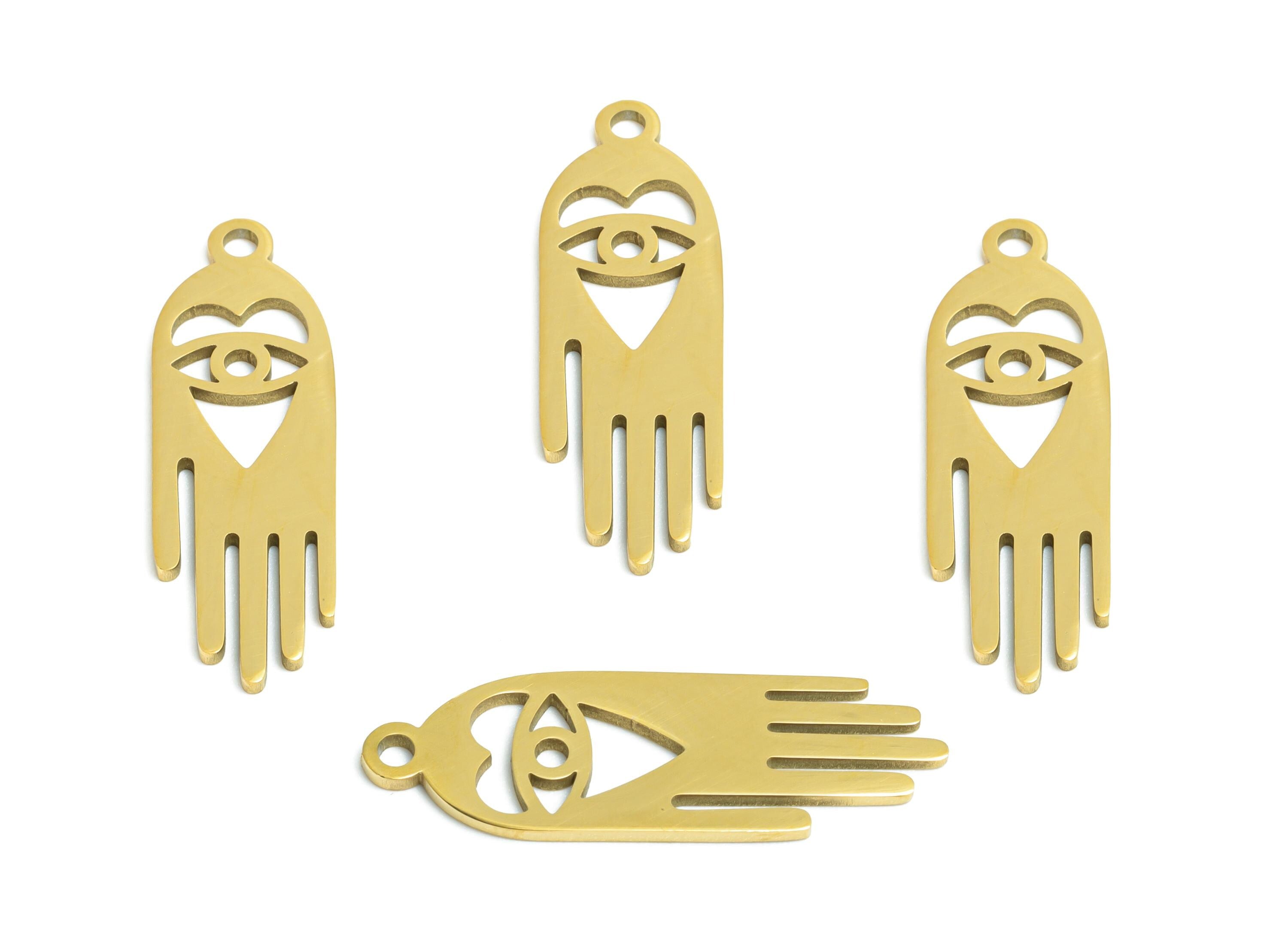 Steel Hamsa Hand Pendant - Vintage Evil Eye Protection Charm - Sacred Protective Symbol Jewelry -18K Vacuum Plated -23.9x7.8x0.98mm -SS2495G - DOMEDBAZAAR