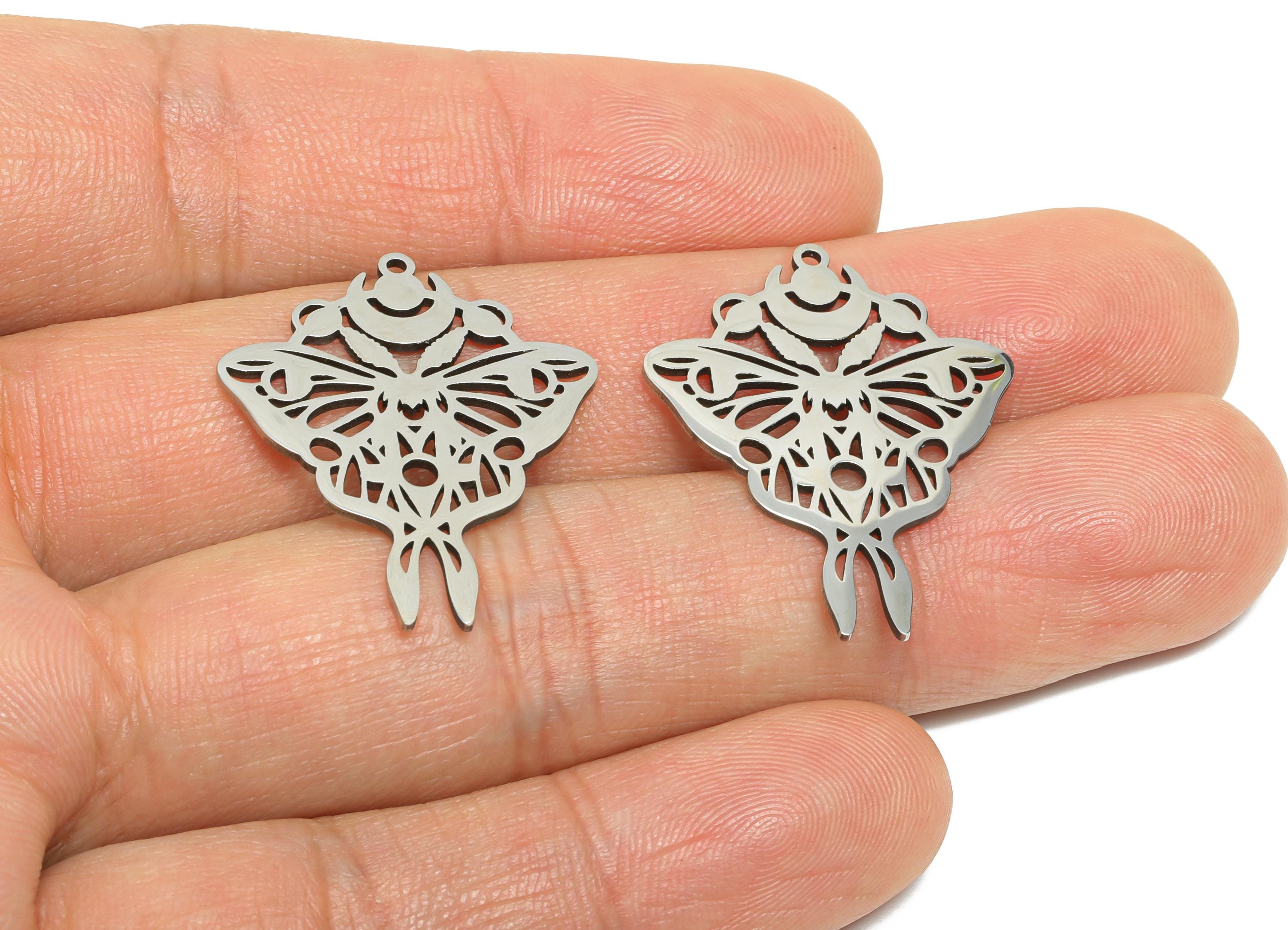 Moth and Moon Pendant - Celestial Moth Necklace Charm - Gothic Lunar Moth Pendant - Laser-Cut Stainless Steel Jewelry - 29x23x0.98mm-SS2476 - DOMEDBAZAAR