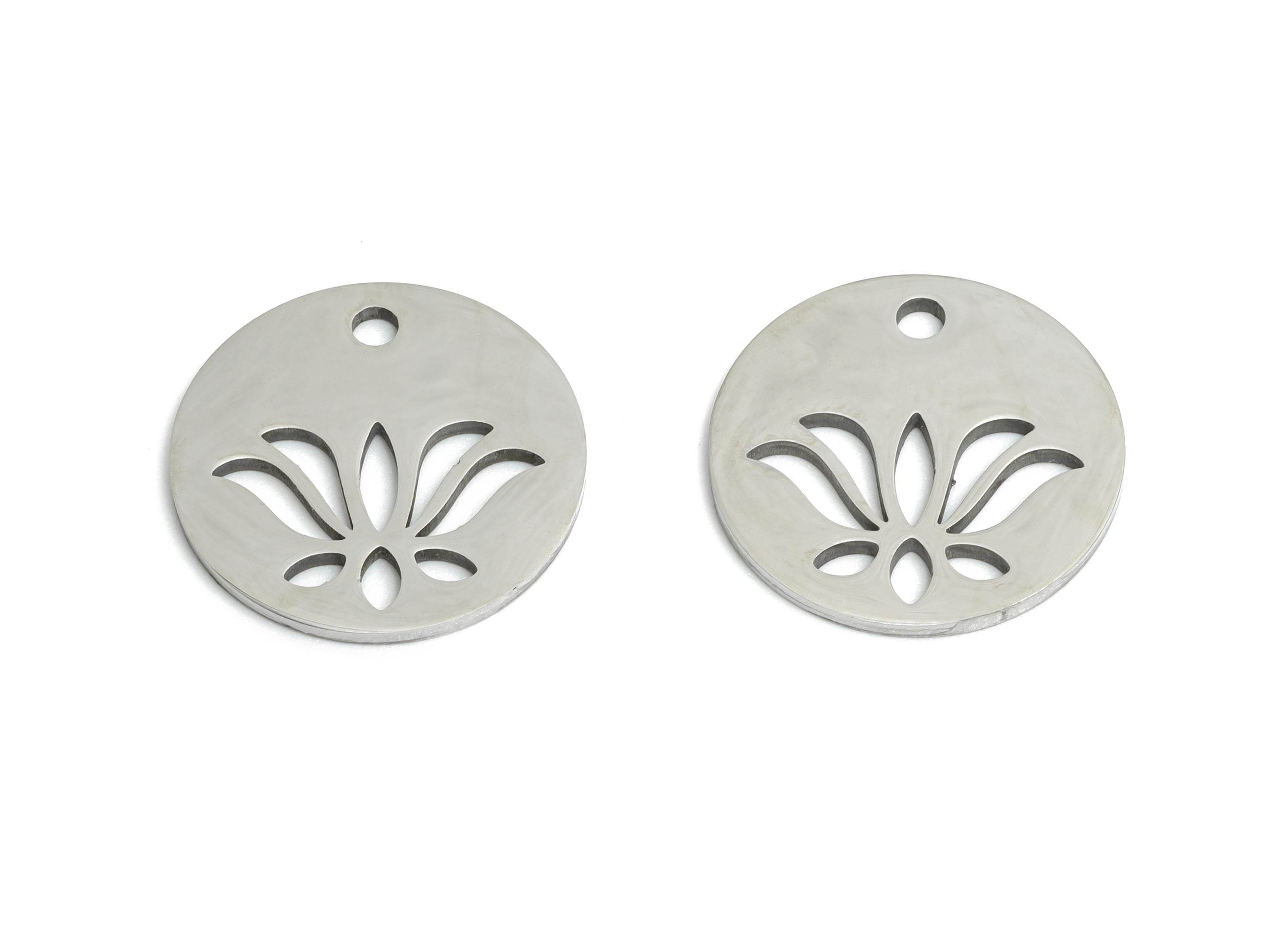 Steel Lotus Pendant - Floral Pendant For Necklace - Floral Engraved Pendant - Laser-Cut Stainless Steel Jewelry - 14x14x0.98mm - SS2464 - DOMEDBAZAAR
