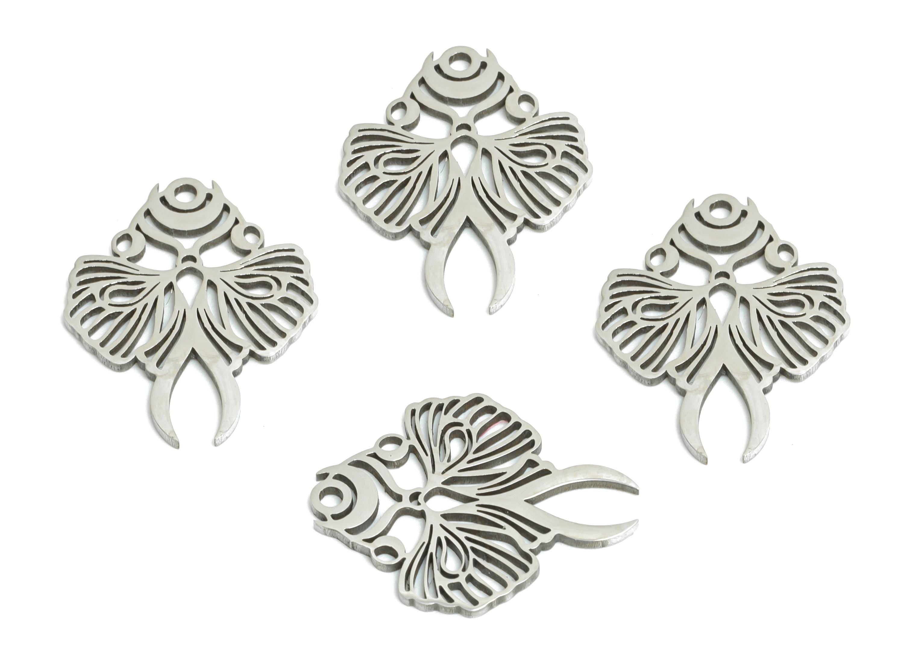 Moth and Moon Pendant - Celestial Moth Necklace Charm - Mystical Insect Jewelry Component - Laser-Cut Steel Jewelry - 17.9x14x0.98mm -SS2487 - DOMEDBAZAAR