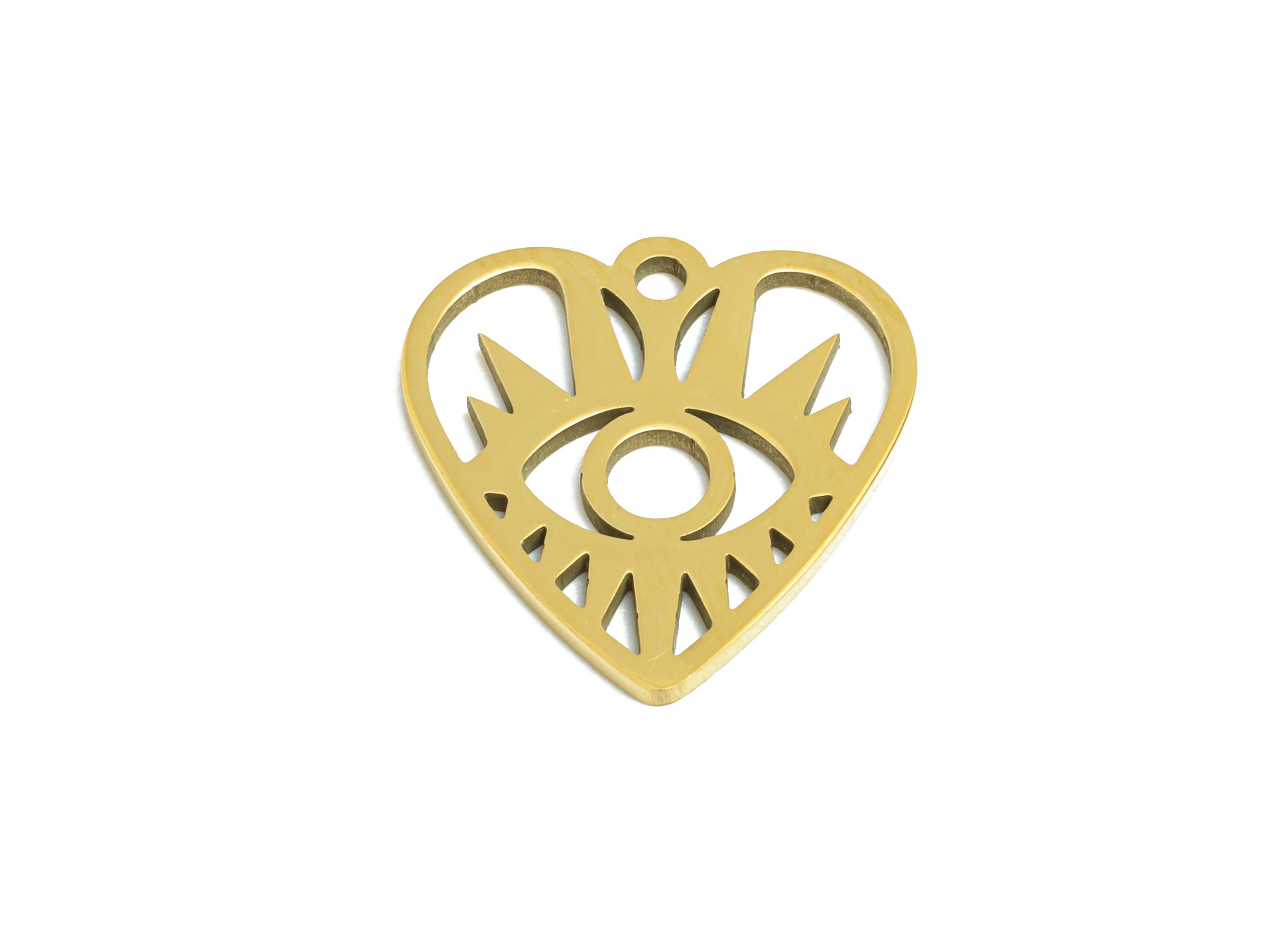 Steel Heart Eye Pendant - Vintage Evil Eye Protection Charm - Mystic Protective Symbol Jewelry - 18K Vacuum Plated - 14.8x14x0.98mm -SS2484G - DOMEDBAZAAR