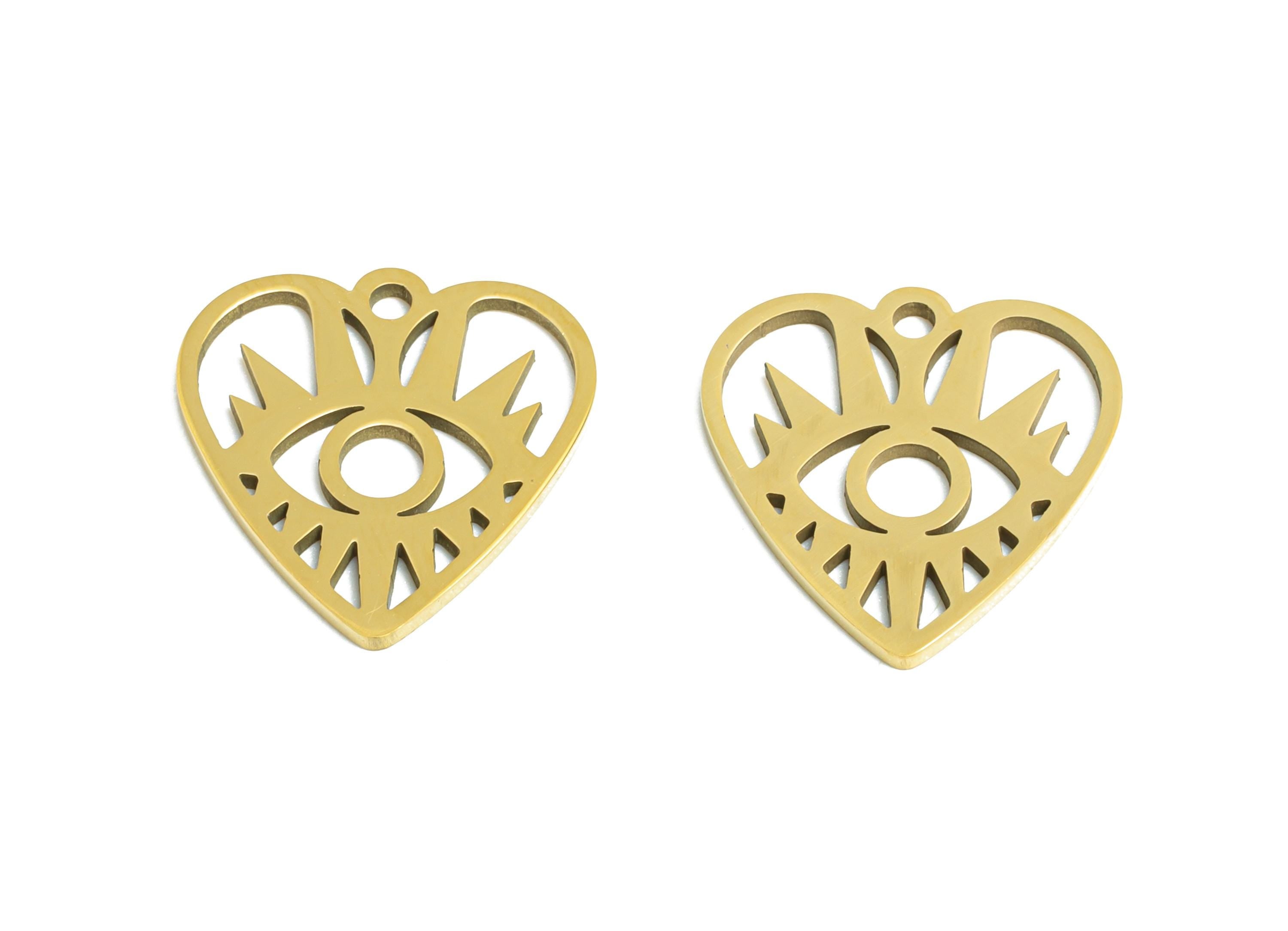 Steel Heart Eye Pendant - Vintage Evil Eye Protection Charm - Mystic Protective Symbol Jewelry - 18K Vacuum Plated - 14.8x14x0.98mm -SS2484G - DOMEDBAZAAR