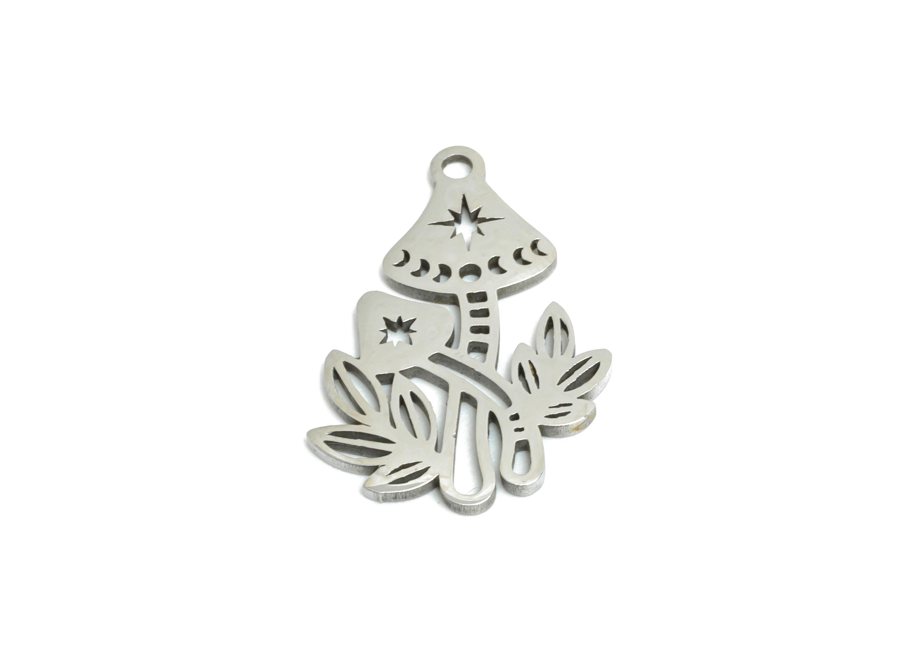 Steel Mushroom Charm - Whimsical Celestial Moon Phase Charm - Enchanted Double Fungi Metal Charm - Boho Jewelry - 17.8x11x0.98mm - SS2479 - DOMEDBAZAAR