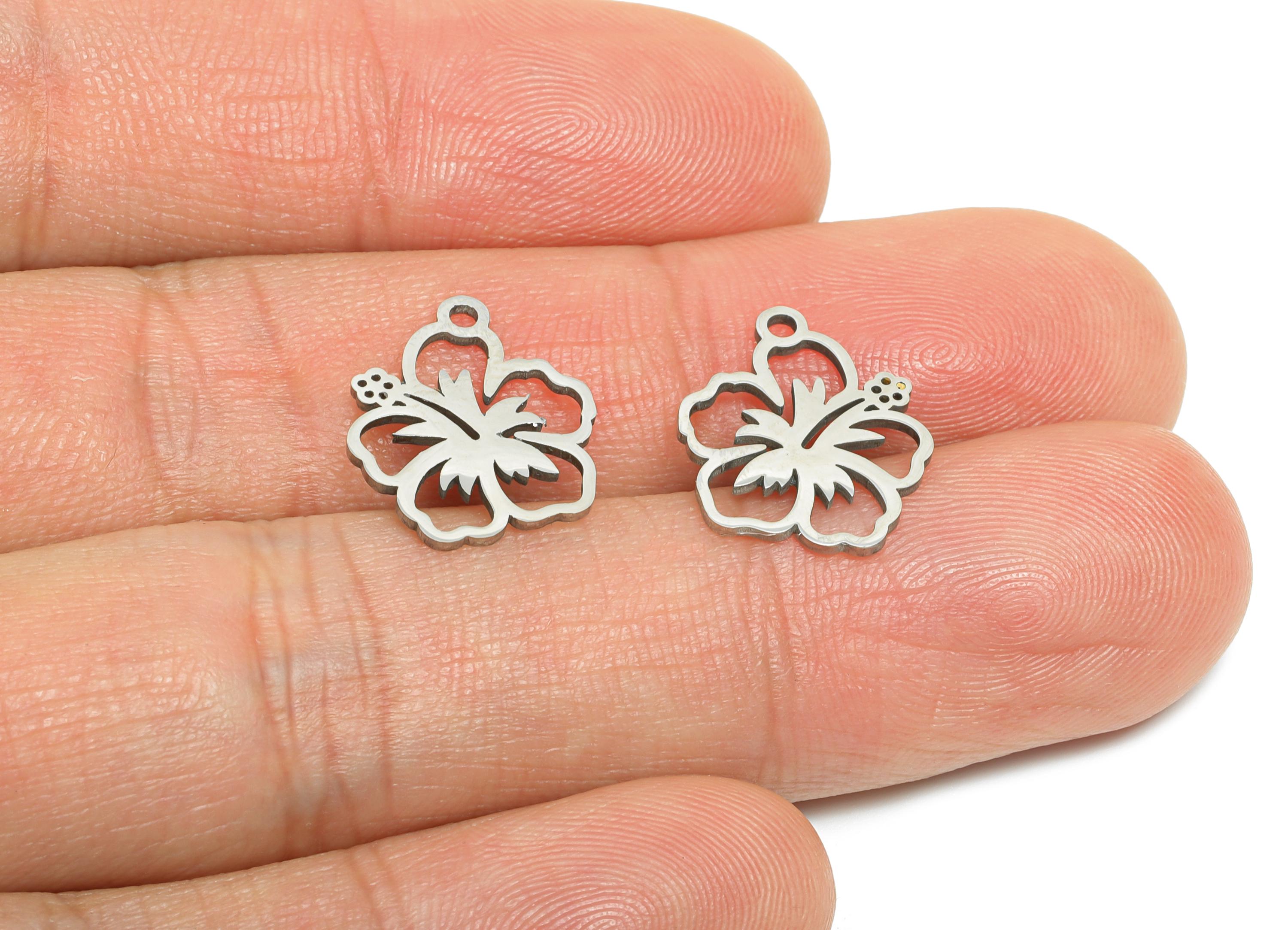 Steel Hibiscus Flower Charm - Dainty Hollow Floral Charm - Tropical Flower Pendant - Nature-Inspired Pendant - 14.66x12.68x0.98mm- SS2511 - DOMEDBAZAAR