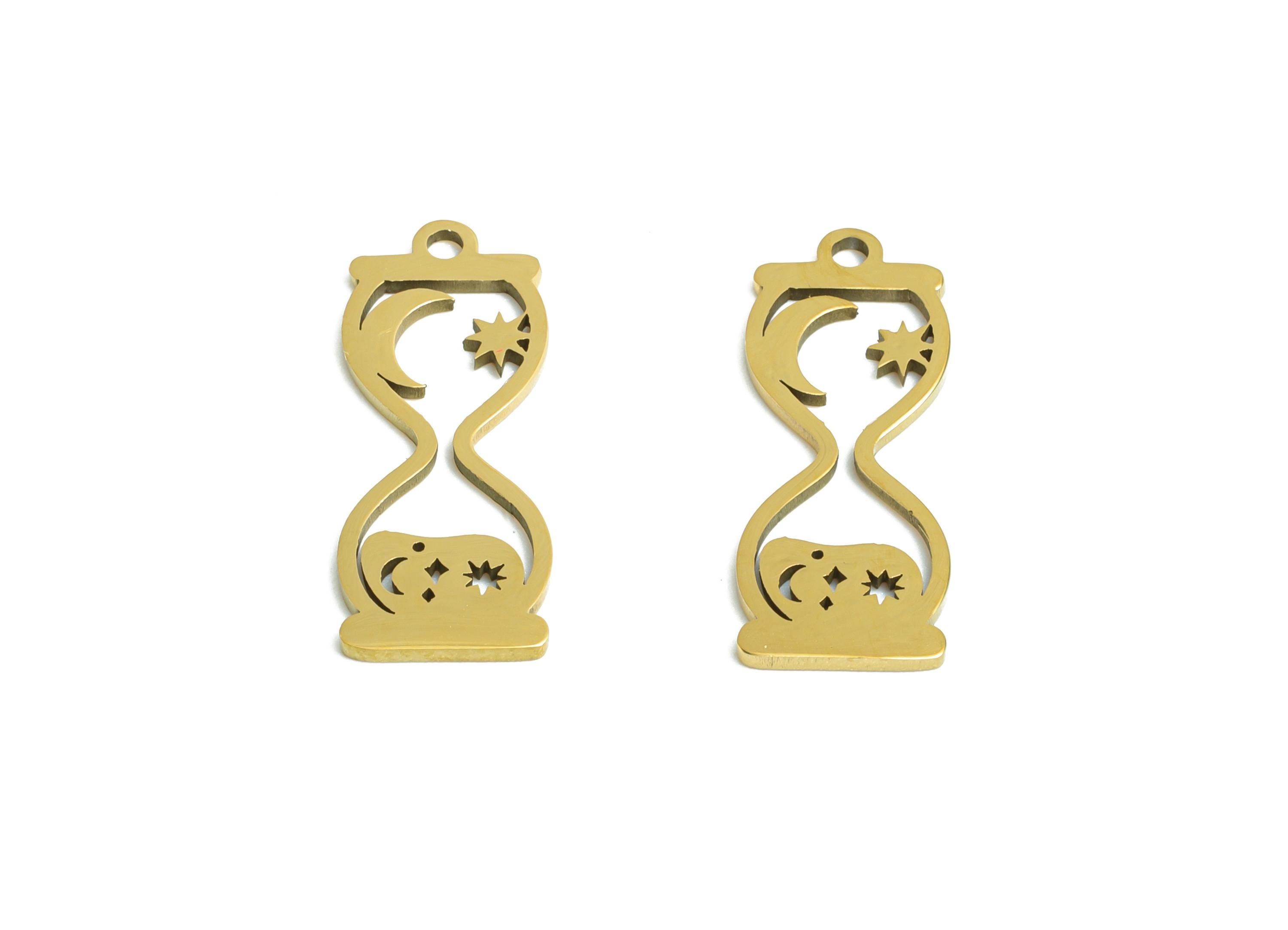Steel Hourglass Pendant - Celestial Star Moon Hourglass Charm - Symbolic Time Hourglass Design - 18K Vacuum Plated - 17.8x7x0.98mm - SS2492G - DOMEDBAZAAR