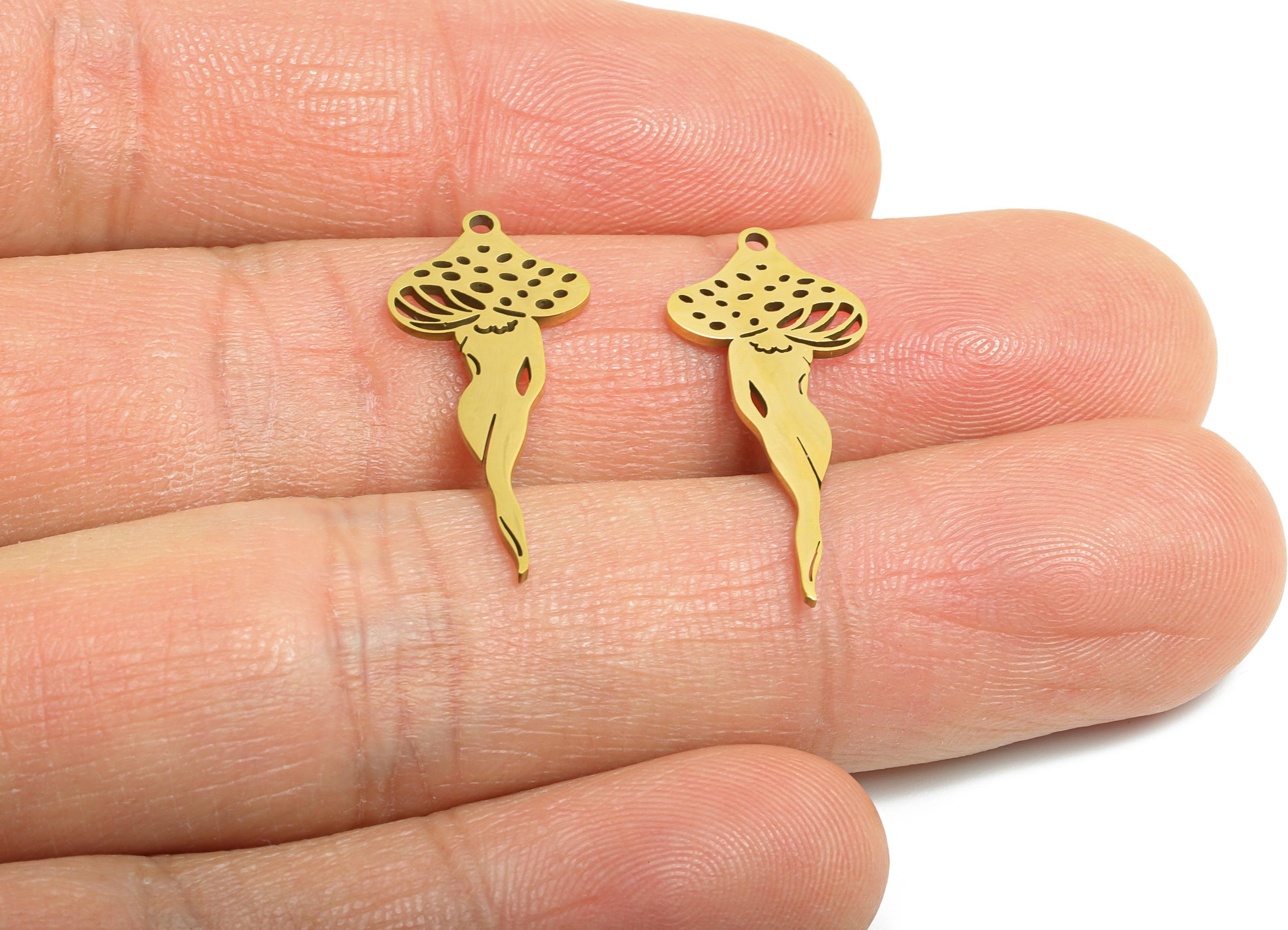 Mushroom Fairy Pendant - Whimsical Steel Fungi Spirit Charm - Enchanted Fungi Woman Charm - 18K Real Vacuum Plated - 24.8x11x0.98mm -SS2483G - DOMEDBAZAAR
