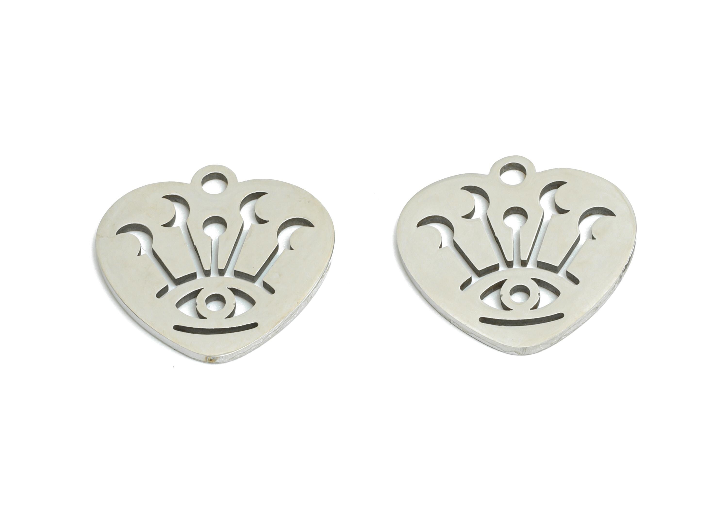 Steel Heart Eye Pendant - Celestial Moon Evil Eye Protection Charm for DIY - Mystic Protective Symbol Jewelry - 14.56x13.8x0.98mm - SS2497 - DOMEDBAZAAR