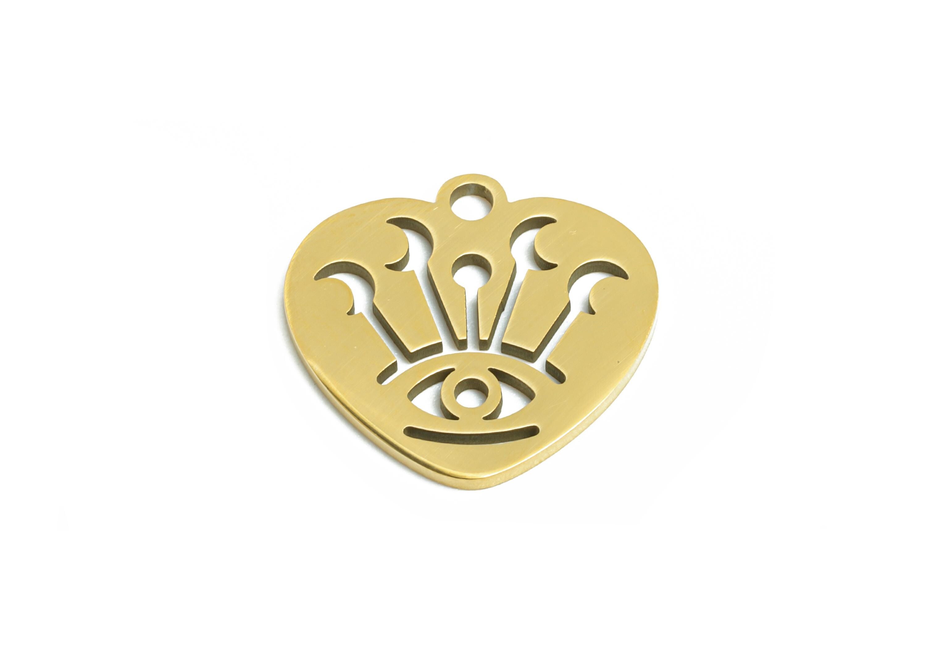 Steel Heart Eye Pendant - Celestial Moon Evil Eye Protection Charm - Mystic Protective Symbol - 18K Vacuum Plated - 14x13.8x0.98mm - SS2497G - DOMEDBAZAAR