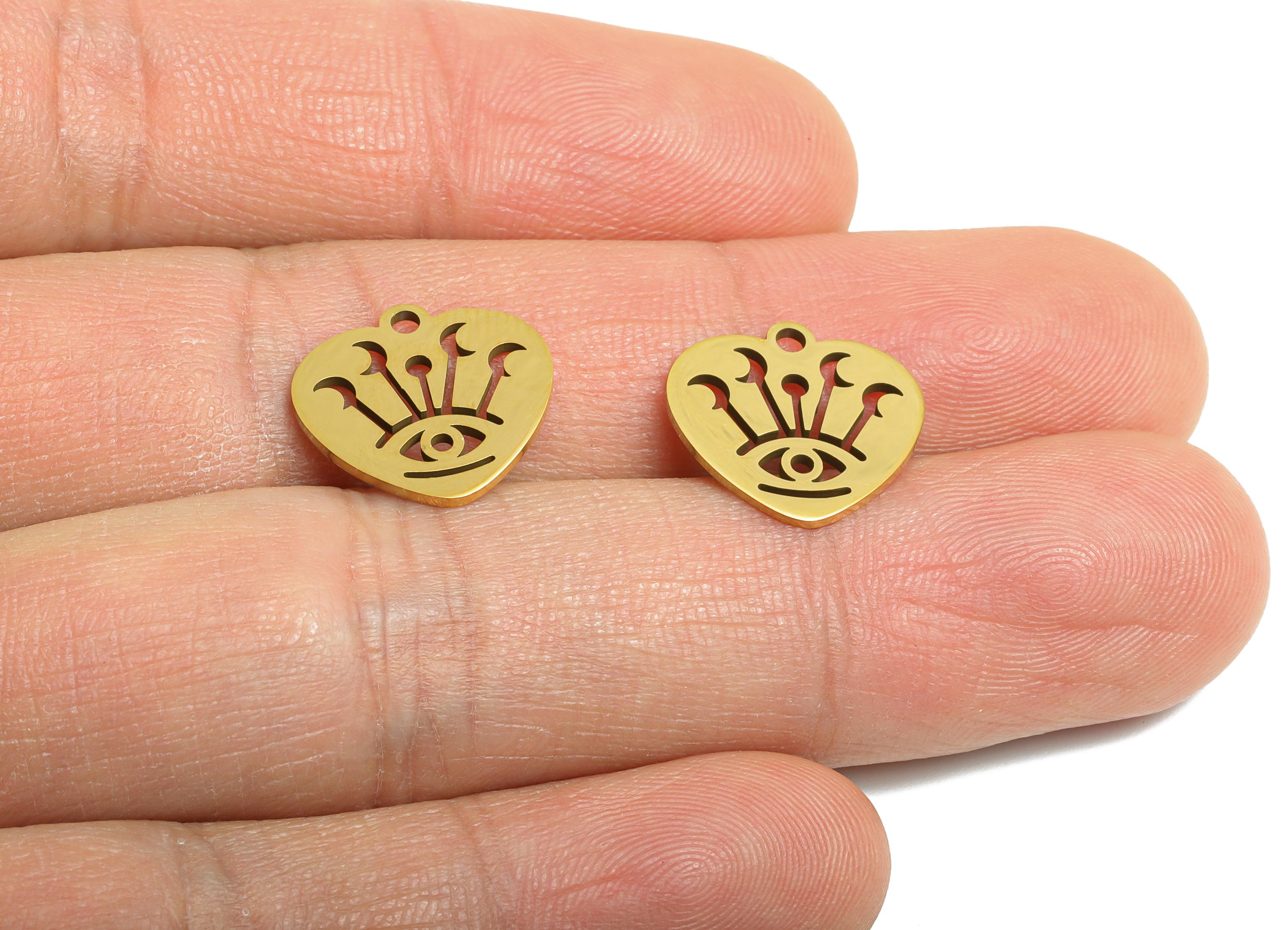 Steel Heart Eye Pendant - Celestial Moon Evil Eye Protection Charm - Mystic Protective Symbol - 18K Vacuum Plated - 14x13.8x0.98mm - SS2497G - DOMEDBAZAAR