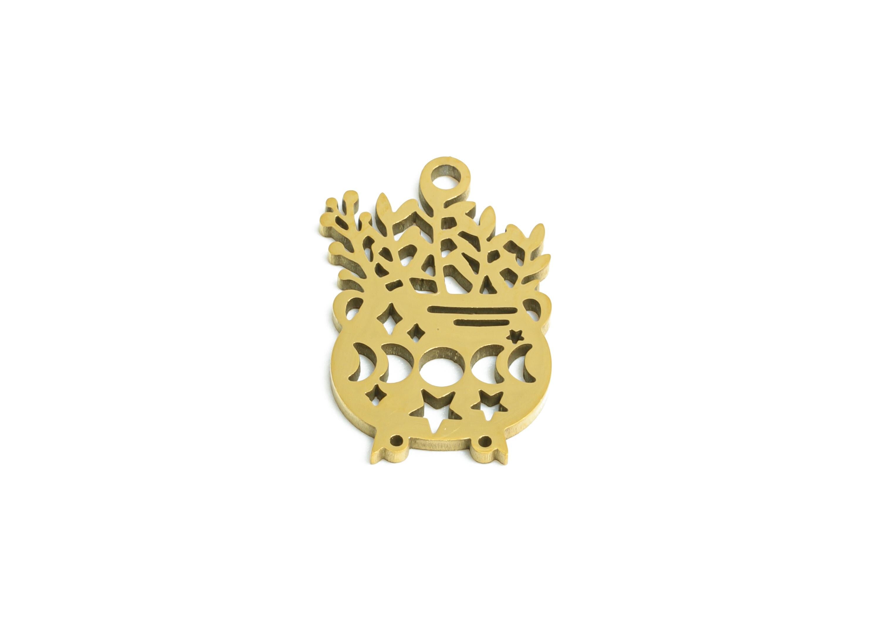 Mystical Herbal Witchcraft Charm - Moon Phase Potion Pot Charm - Celestial Wiccan Steel Charm - 18K Vacuum Plating - 15x10x0.98mm - SS2504G - DOMEDBAZAAR