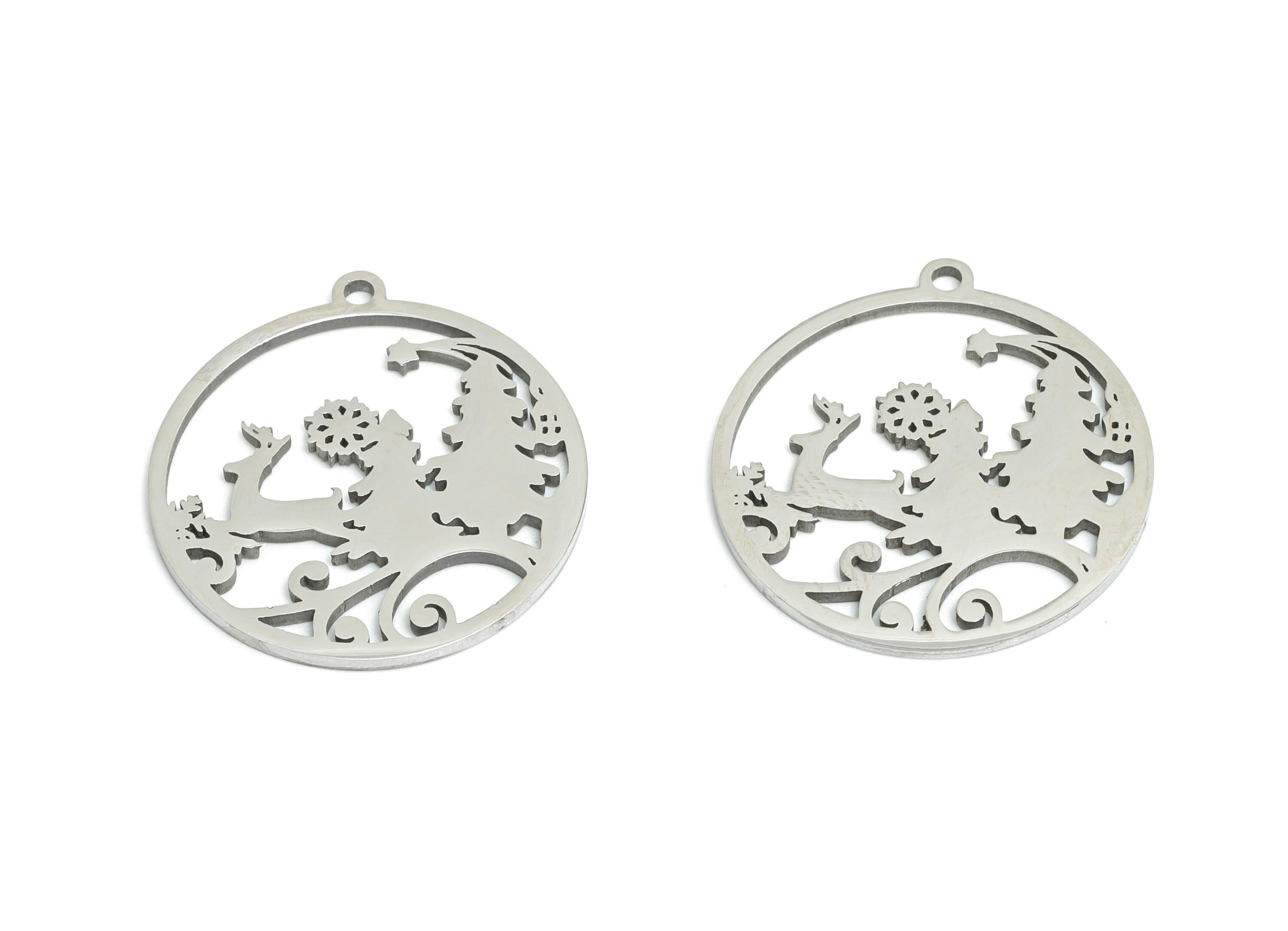 Steel Deer Pendant - Forest Animal Charm - Christmas Scene Reindeer Snowflake Pendant - Holiday Necklace Jewelry - 19.8x18x0.98mm - SS2460 - DOMEDBAZAAR