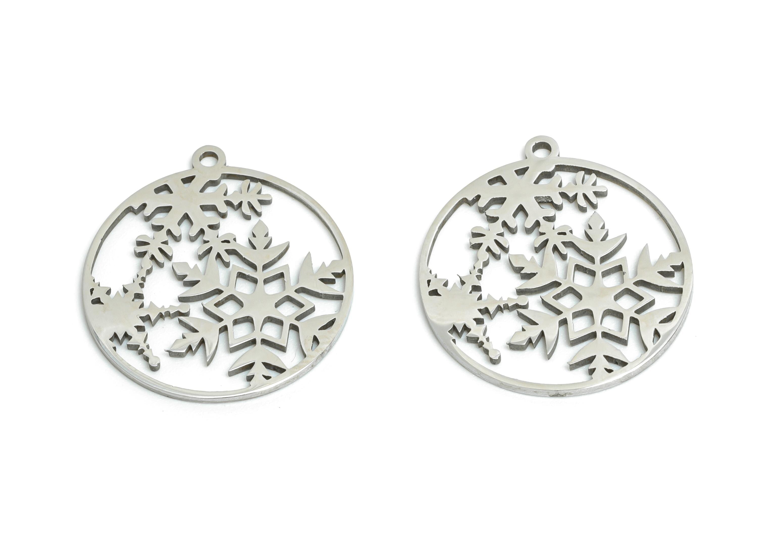 Steel Round Snowflake Charm - DIY Craft Snowflake Component - Winter Holiday Jewelry Charm - Laser Cut Steel Charm - 19.9x16x0.98mm - SS2451 - DOMEDBAZAAR