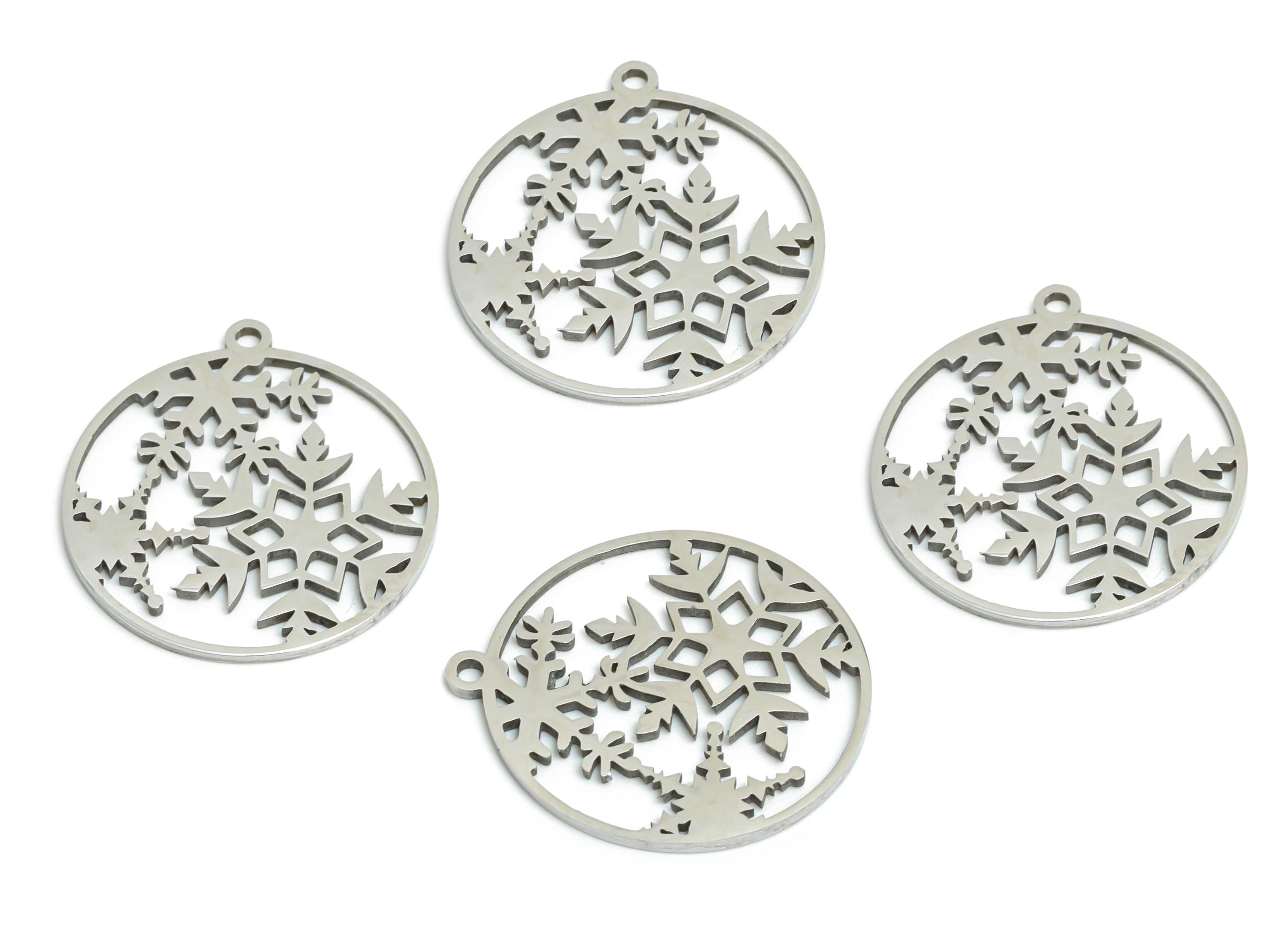 Steel Round Snowflake Charm - DIY Craft Snowflake Component - Winter Holiday Jewelry Charm - Laser Cut Steel Charm - 19.9x16x0.98mm - SS2451 - DOMEDBAZAAR