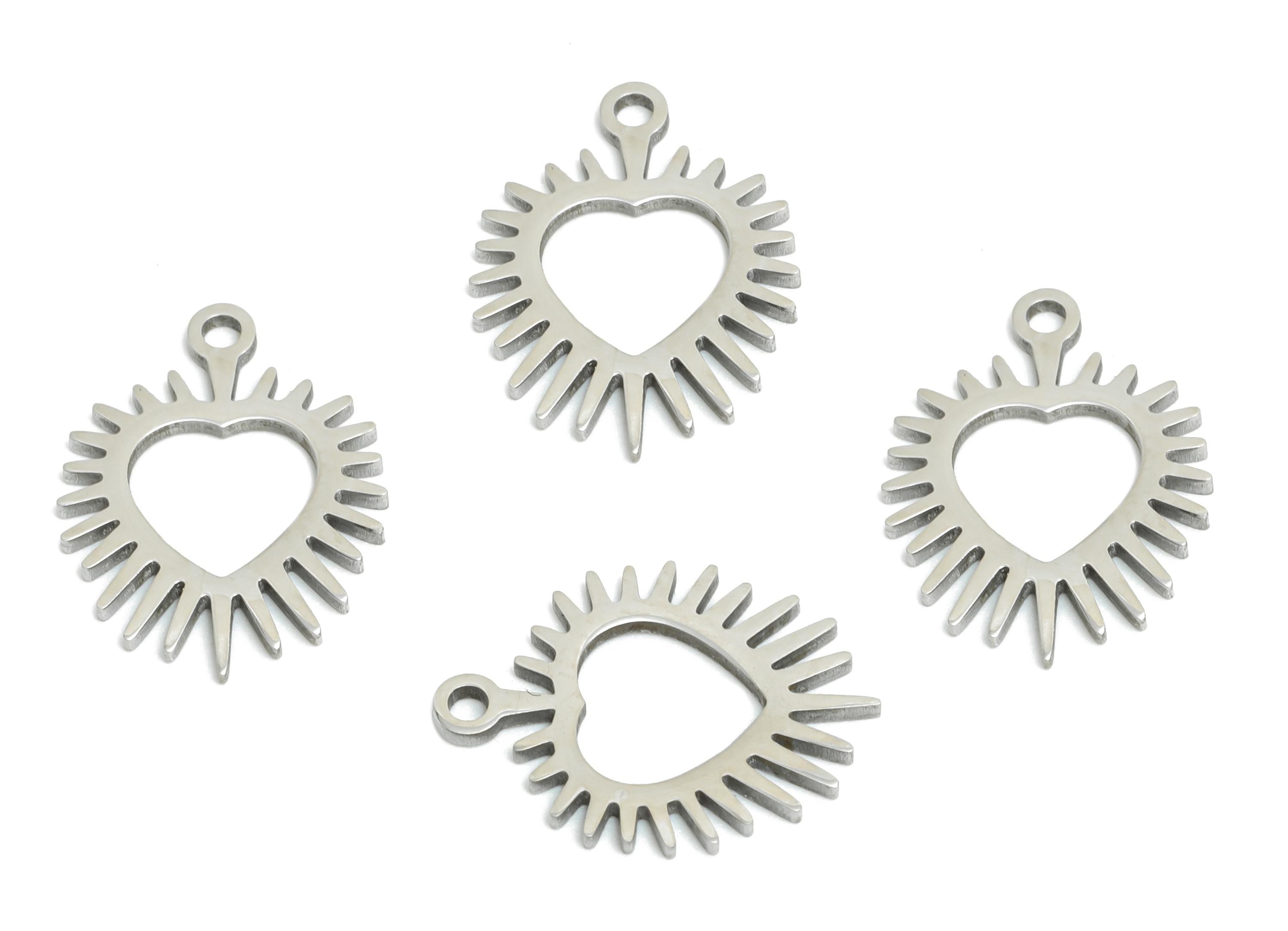 Steel Heart Charm - Sacred Heart Pendant - Laser Cut Radiant Love Charm - Stainless Steel Charm - Flaming Heart Symbol - 14x11x0.9mm -SS2513 - DOMEDBAZAAR