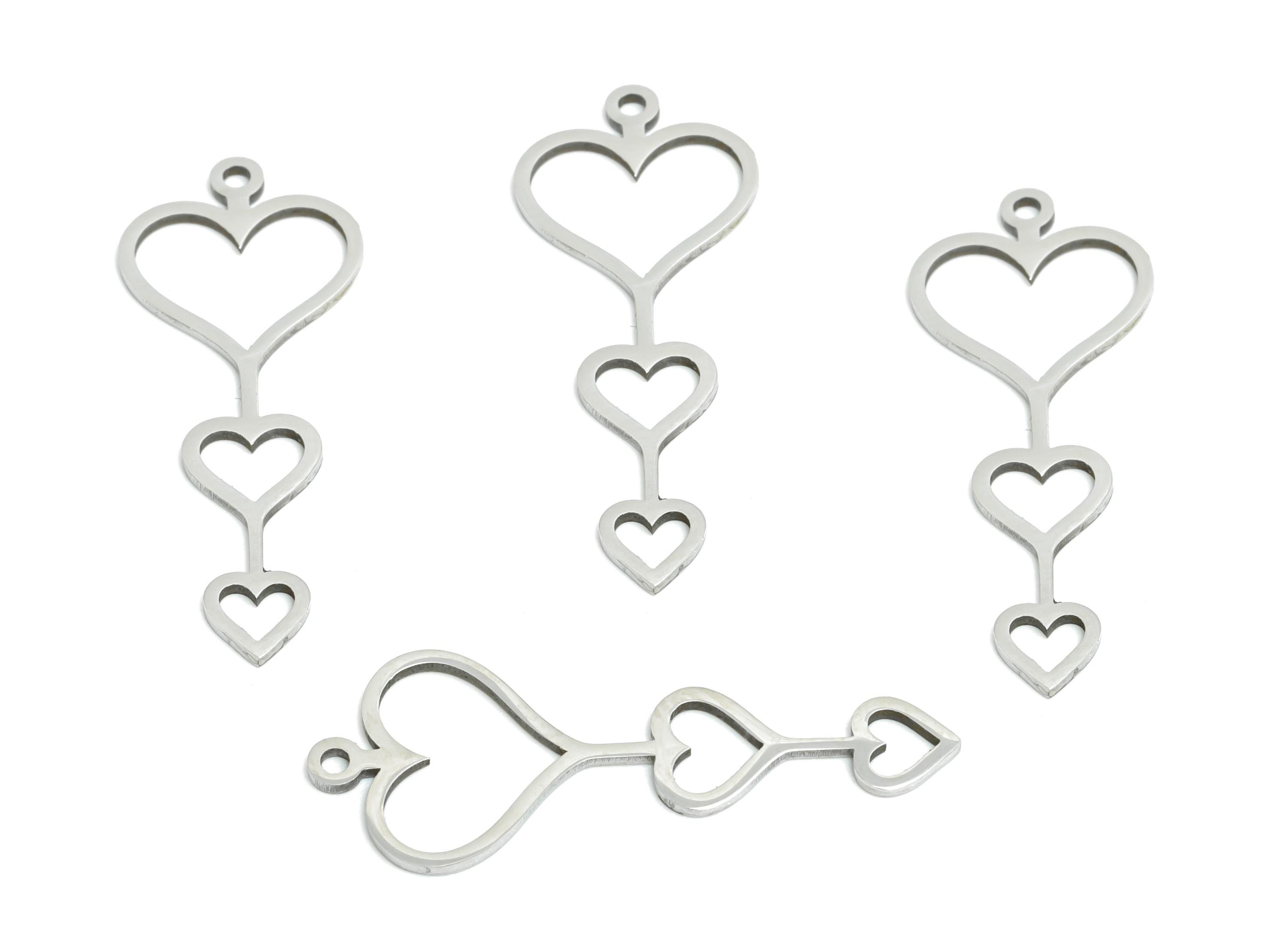 Steel Heart Pendant - Geometric Stacked Heart Charm for DIY - Minimalist Trendy Heart Jewelry - Steel Finding - 29.7x11.77x0.98mm - SS2428 - DOMEDBAZAAR
