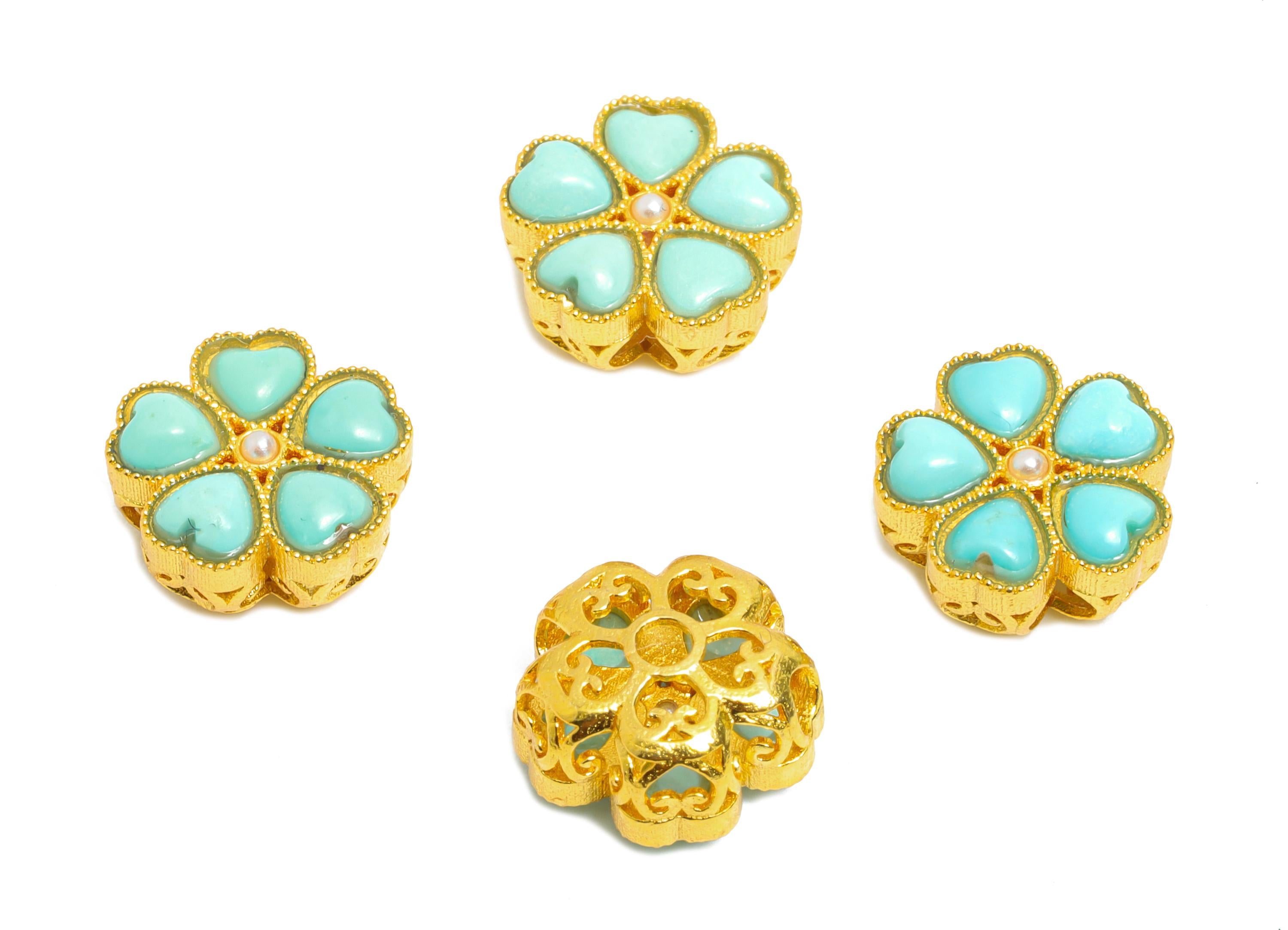 Brass Clover Bead Charm - Enamel Bead with Pearl Center - Elegant Bead for Handmade Jewelry - 24K Real Gold Plated - 9x9x4.63mm - RGP10997