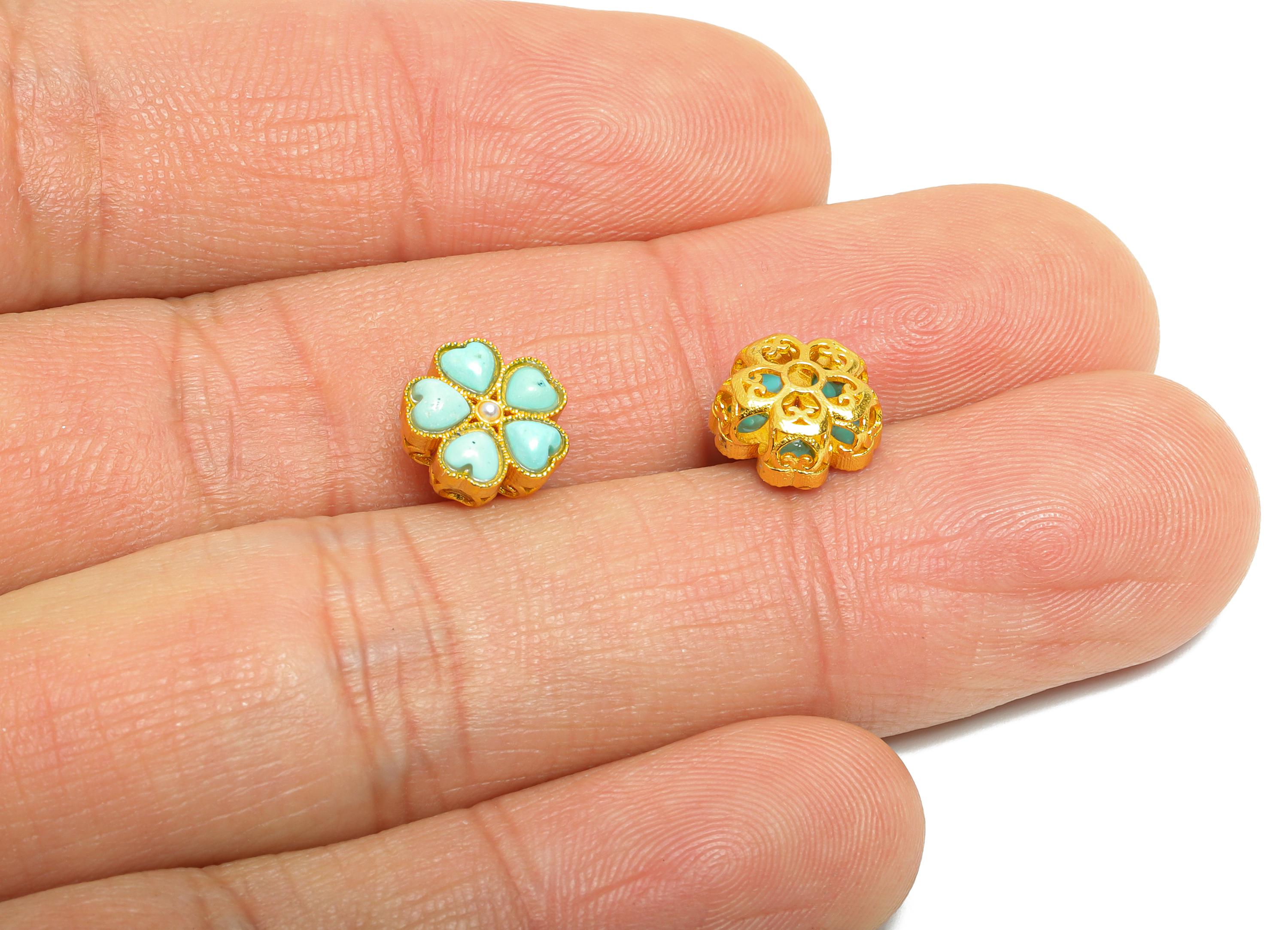 Brass Clover Bead Charm - Enamel Bead with Pearl Center - Elegant Bead for Handmade Jewelry - 24K Real Gold Plated - 9x9x4.63mm - RGP10997
