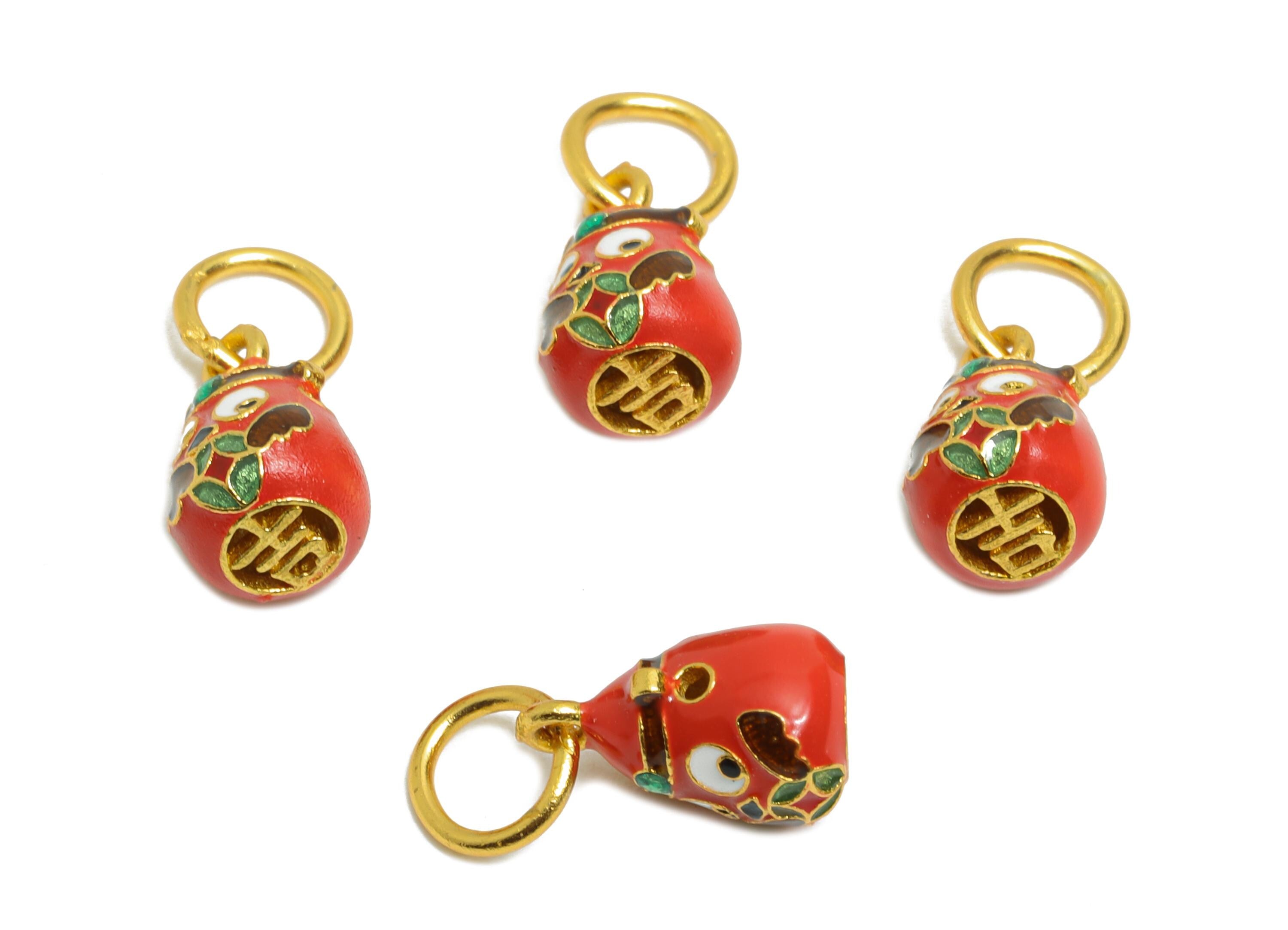 Brass Enamel Gourd Charm - Vintage Cloisonné Pendant - Artisan Bohemian Lucky Charm for Jewelry - 24K Real Gold Plated - 9x5x5mm- RGP10995