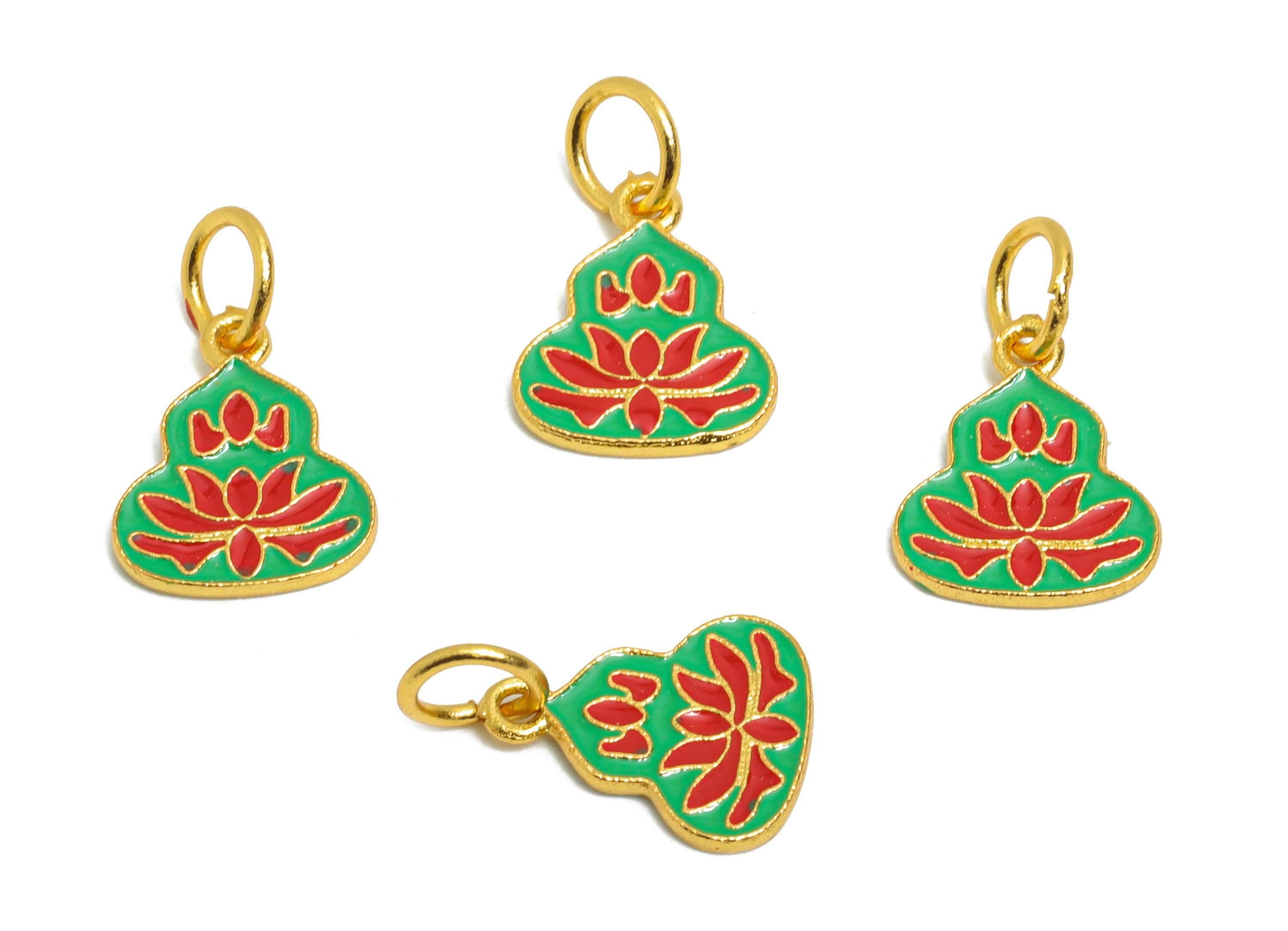 Brass Enamel Gourd Charm - Cloisonné Lotus Amulet Pendant - Green & Red Cloisonné Jewelry - 24K Real Gold Plated - 11x8.83x0.91mm - RGP10992