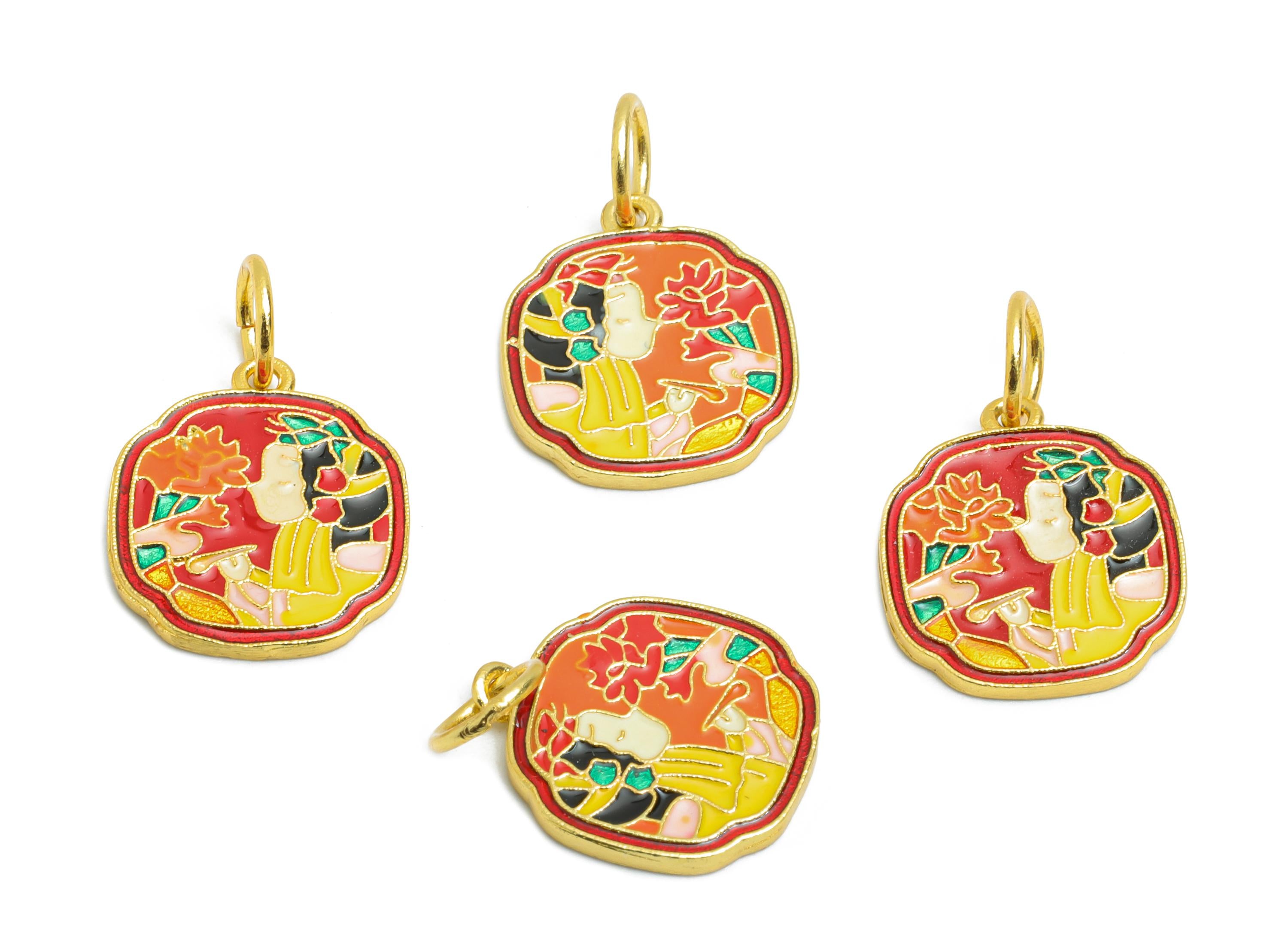 Brass Enamel Geometry Charm - Elegant Asian Lady Pendant - Jewelry for Bracelets & Necklaces - 24K Real Gold Plated - 15x13x1mm - RGP10998 - DOMEDBAZAAR