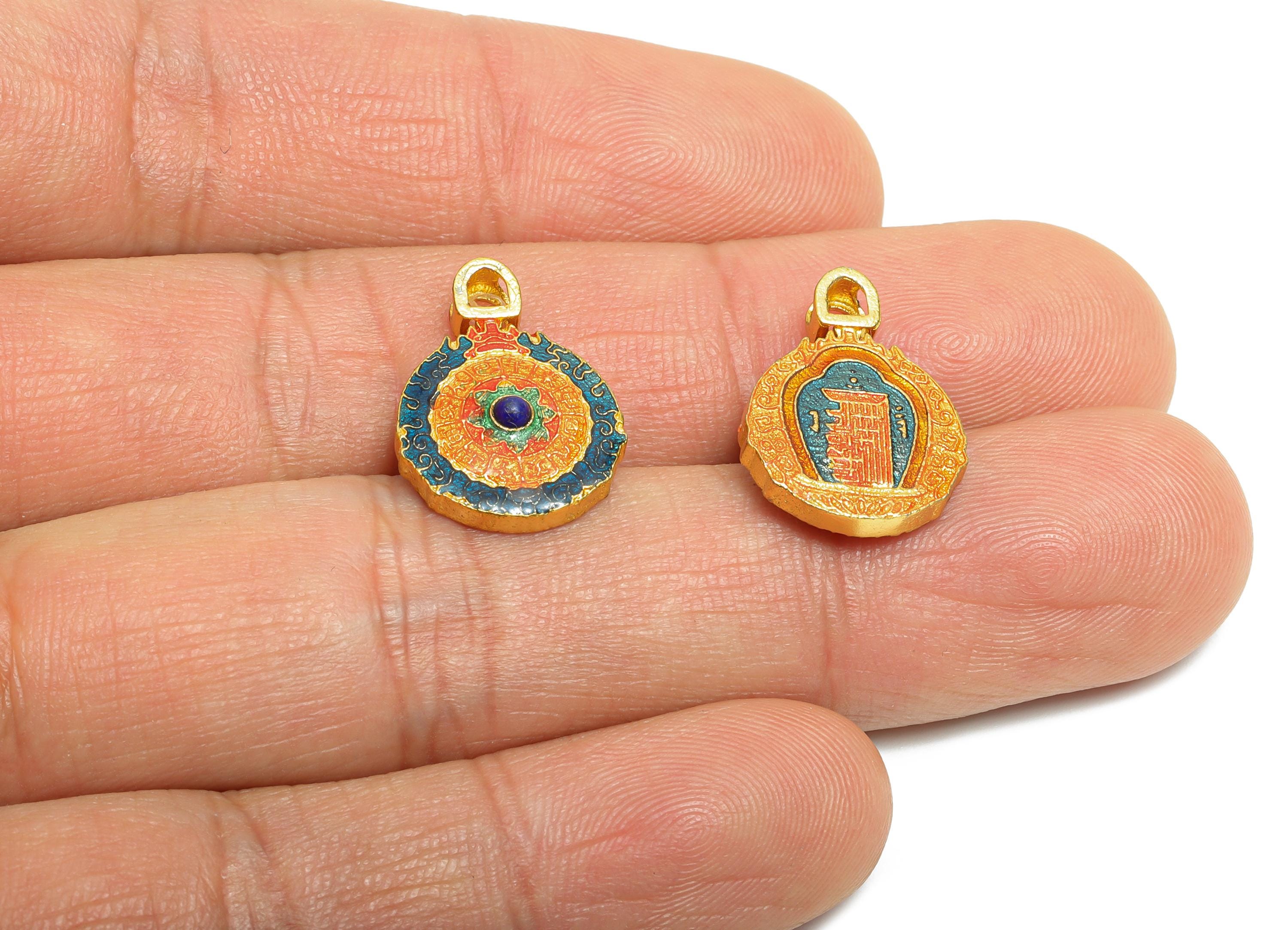 Brass Enamel Stone Charm -Traditional Good Luck Talisman - Jewelry for Bracelets & Necklaces - 24K Real Gold Plated - 18x13x4mm - RGP10986