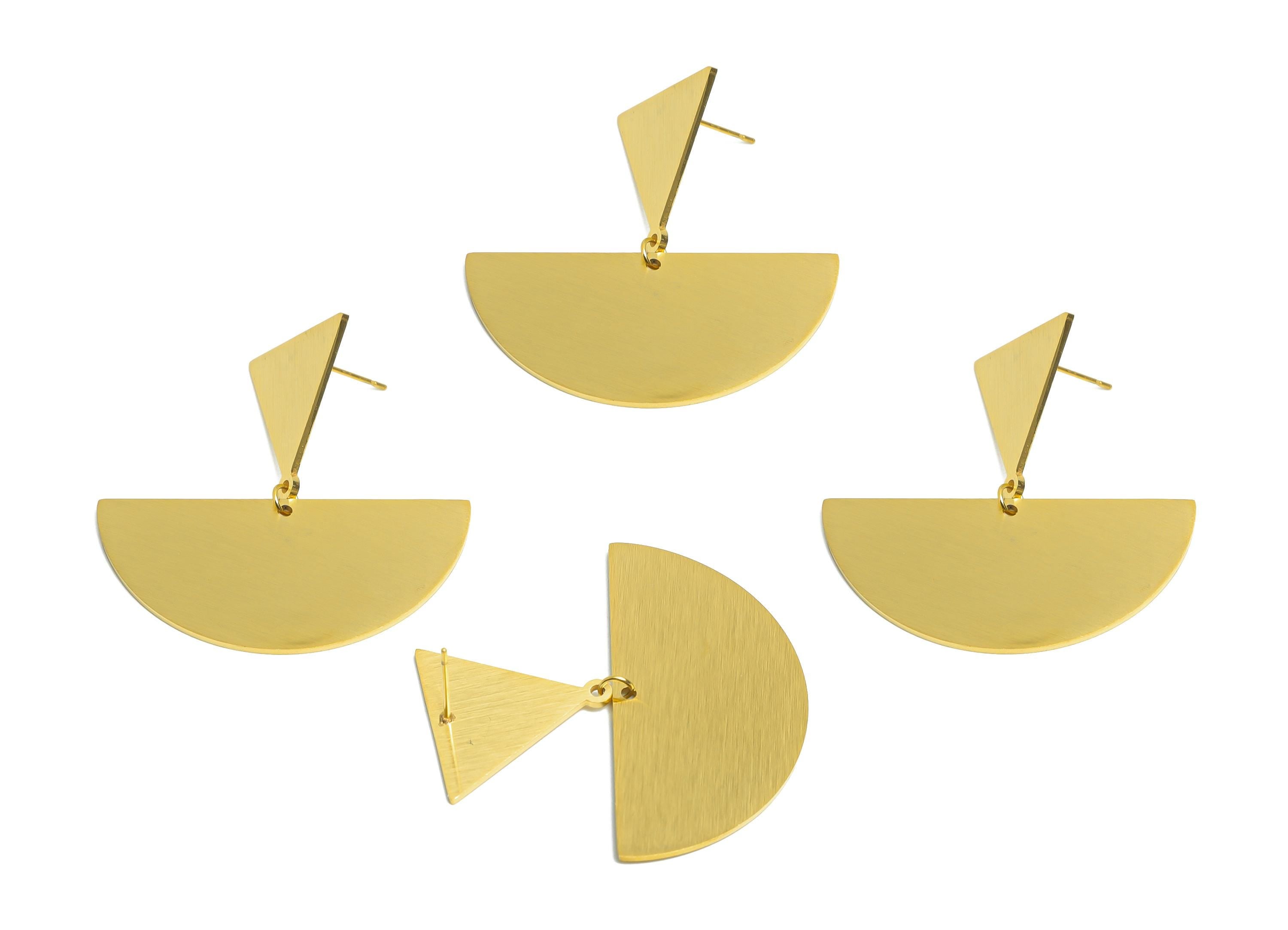 Steel Triangle Earring Stud - Modern Half Circle Dangle Earrings - Handmade Geometric Earring Post - Vacuum Gold Plating - 40x42x1mm -SS2255 - DOMEDBAZAAR