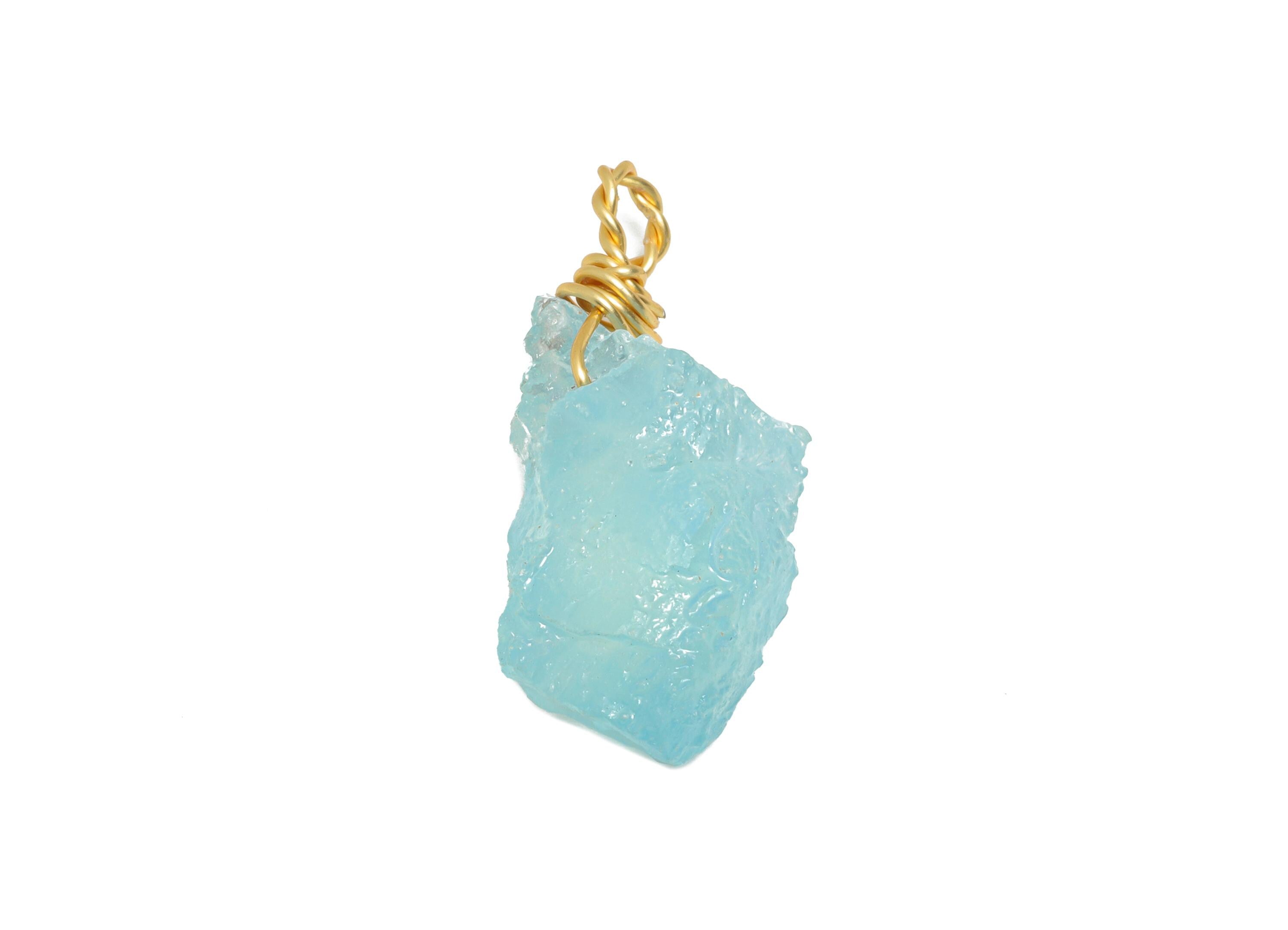 Raw Aquamarine Pendant - Brass Wire Wrapped Crystal Necklace Pendant - Handmade Wire Wrapped Jewelry - Healing Stone - 27x11.6x9mm - NS3038 - DOMEDBAZAAR