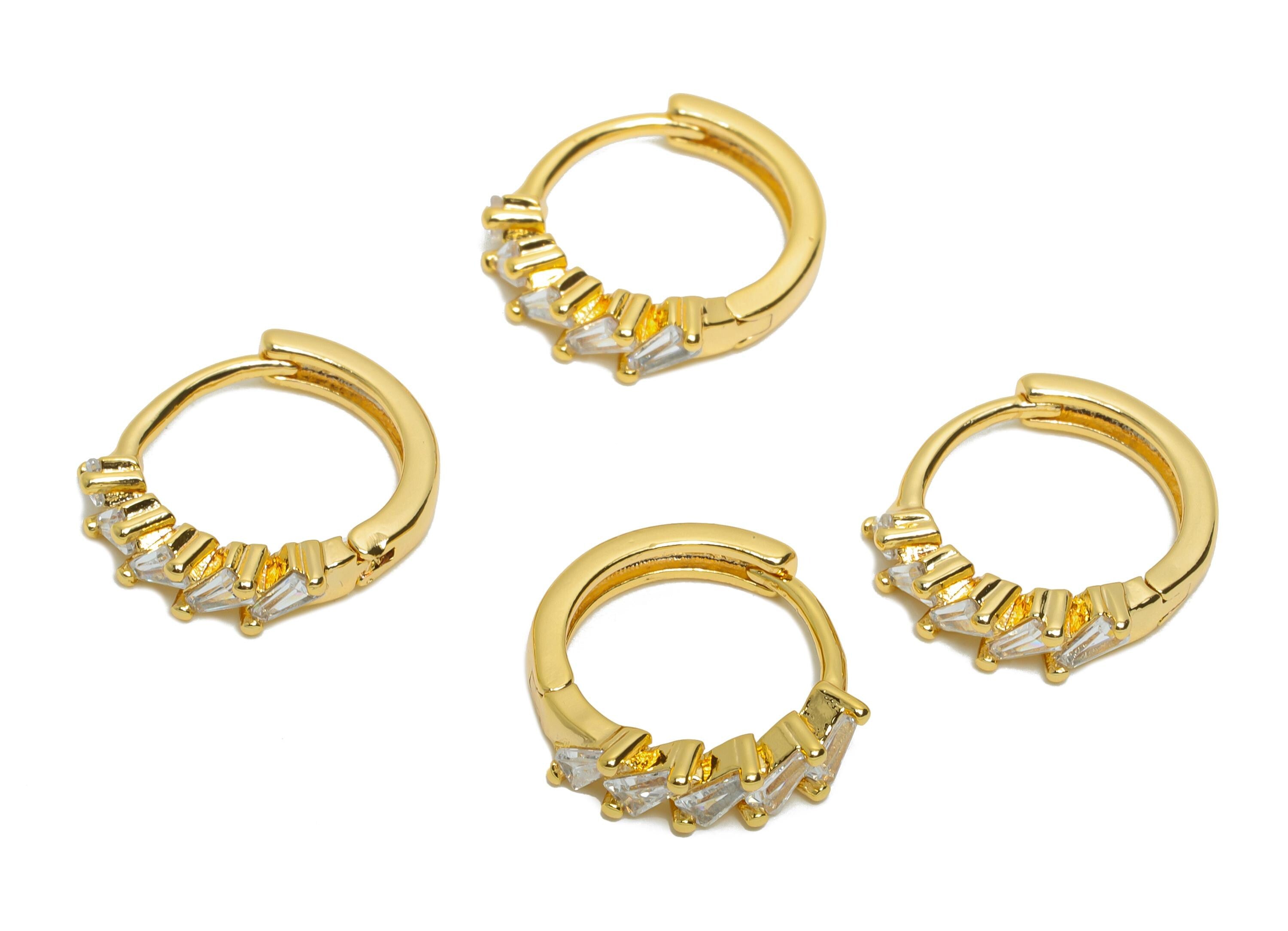 Brass CZ Huggie Hoop Earring - Brass Geometric Zircon Earring - Classic Huggie Hoop Clasp - 18K Real Gold Plated - 14.5x13x3.33mm - RGP10931 - DOMEDBAZAAR