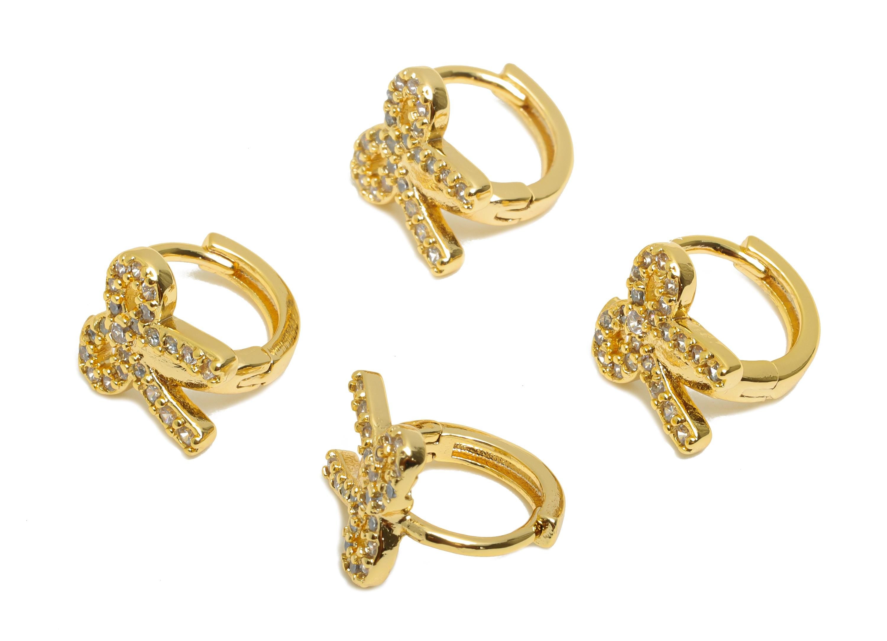 Brass CZ Bow Huggie Hoop Earring - Cute Brass Bow Zircon Earring - Dainty Huggie Hoop Clasp - 18K Real Gold Plated - 10.2x9x8.7mm - RGP10942 - DOMEDBAZAAR