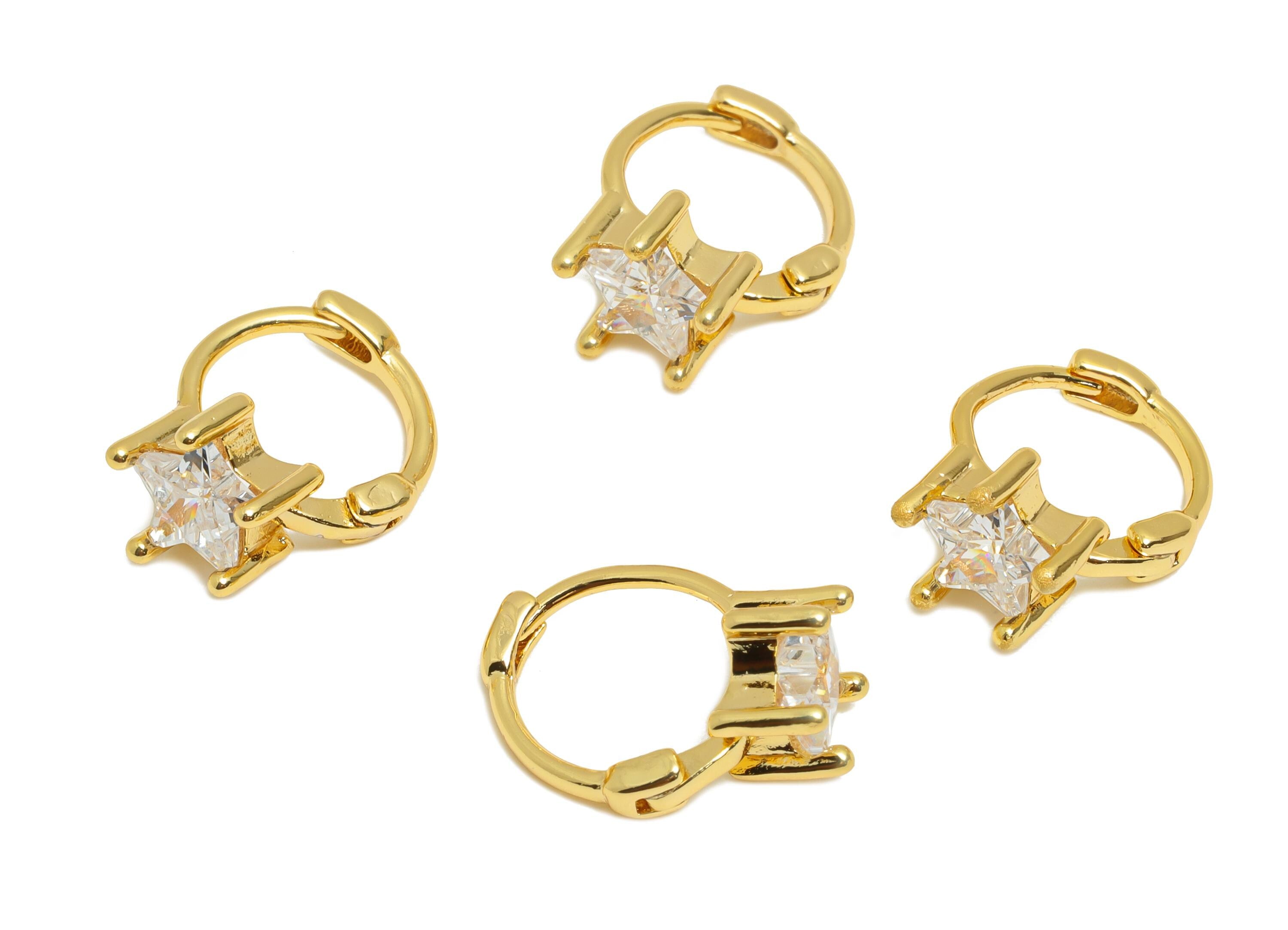 Brass CZ Huggie Hoop Earring - Minimalist Brass Star Zircon Earring - Star Huggie Hoop Clasp - 18K Real Gold Plated - 13x9.7x6mm - RGP10914 - DOMEDBAZAAR