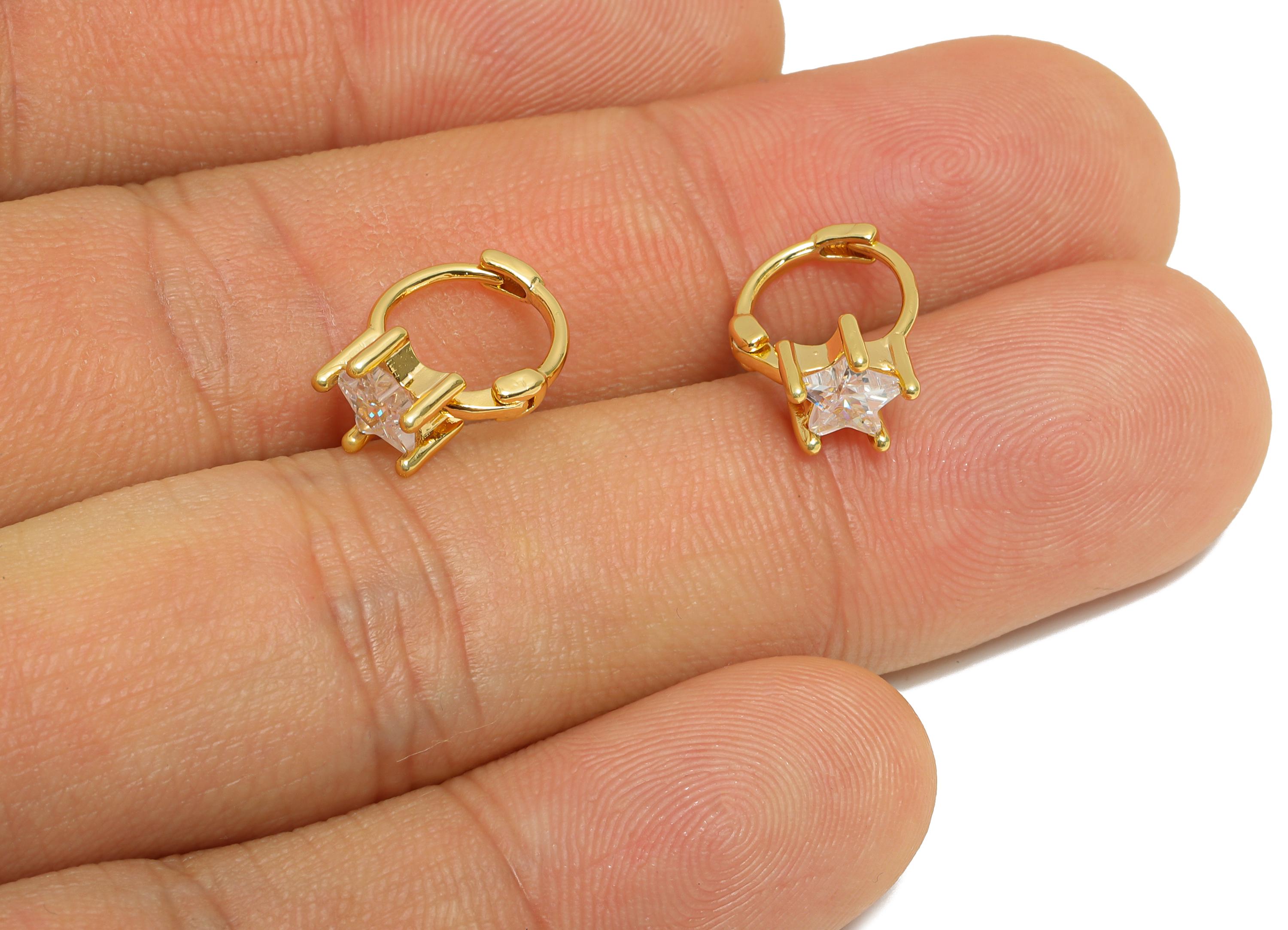 Brass CZ Huggie Hoop Earring - Minimalist Brass Star Zircon Earring - Star Huggie Hoop Clasp - 18K Real Gold Plated - 13x9.7x6mm - RGP10914 - DOMEDBAZAAR