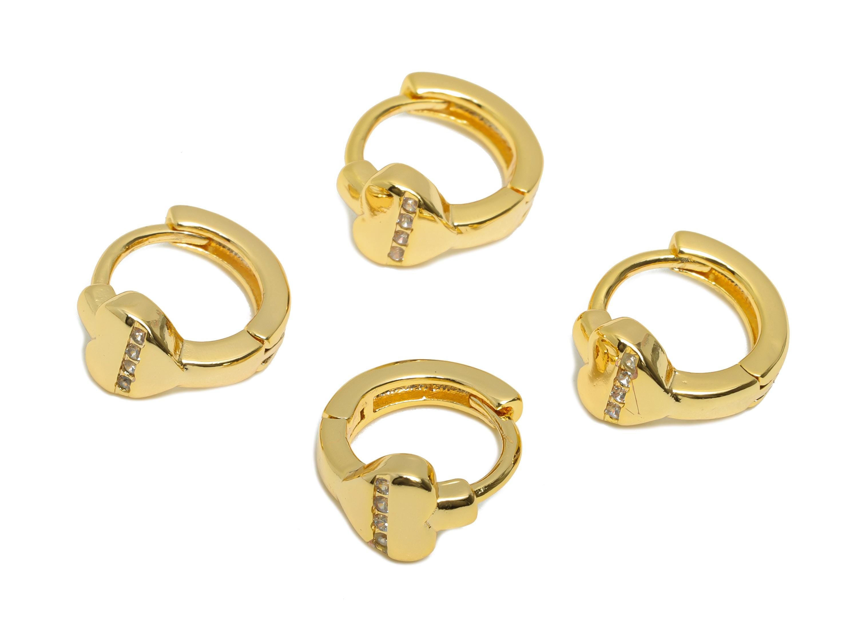 Brass CZ Huggie Hoop Earring - Everyday Heart Zircon Earring - Minimalist Huggie Hoop Clasp - 18K Real Gold Plated - 12x10x5.88mm - RGP10922 - DOMEDBAZAAR