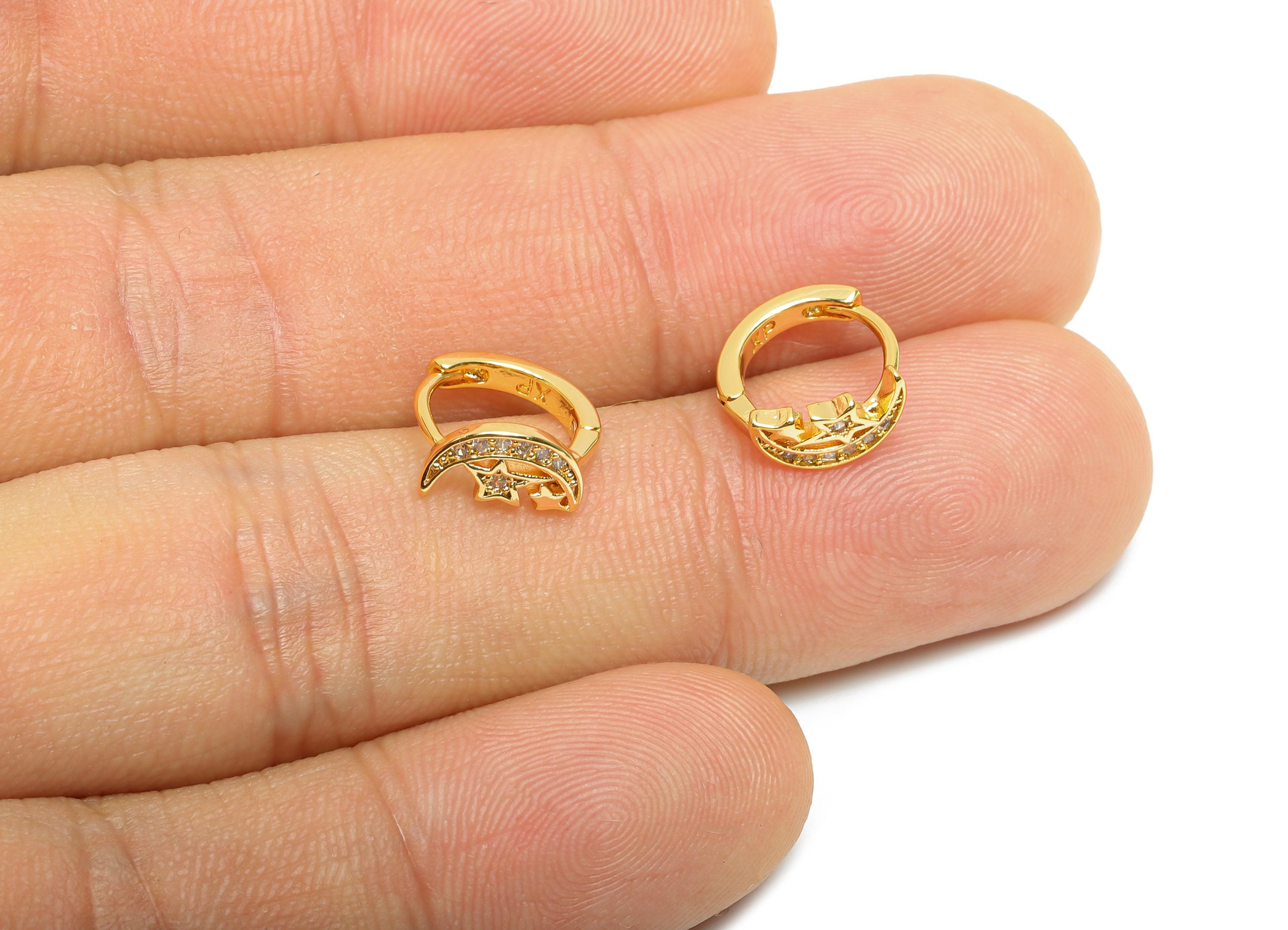 Brass CZ Huggie Hoop Earring - Brass Celestial Moon Star Earring - Zircon Huggie Hoop Clasp - 18K Real Gold Plated - 10.37x10x5mm - RGP10939 - DOMEDBAZAAR