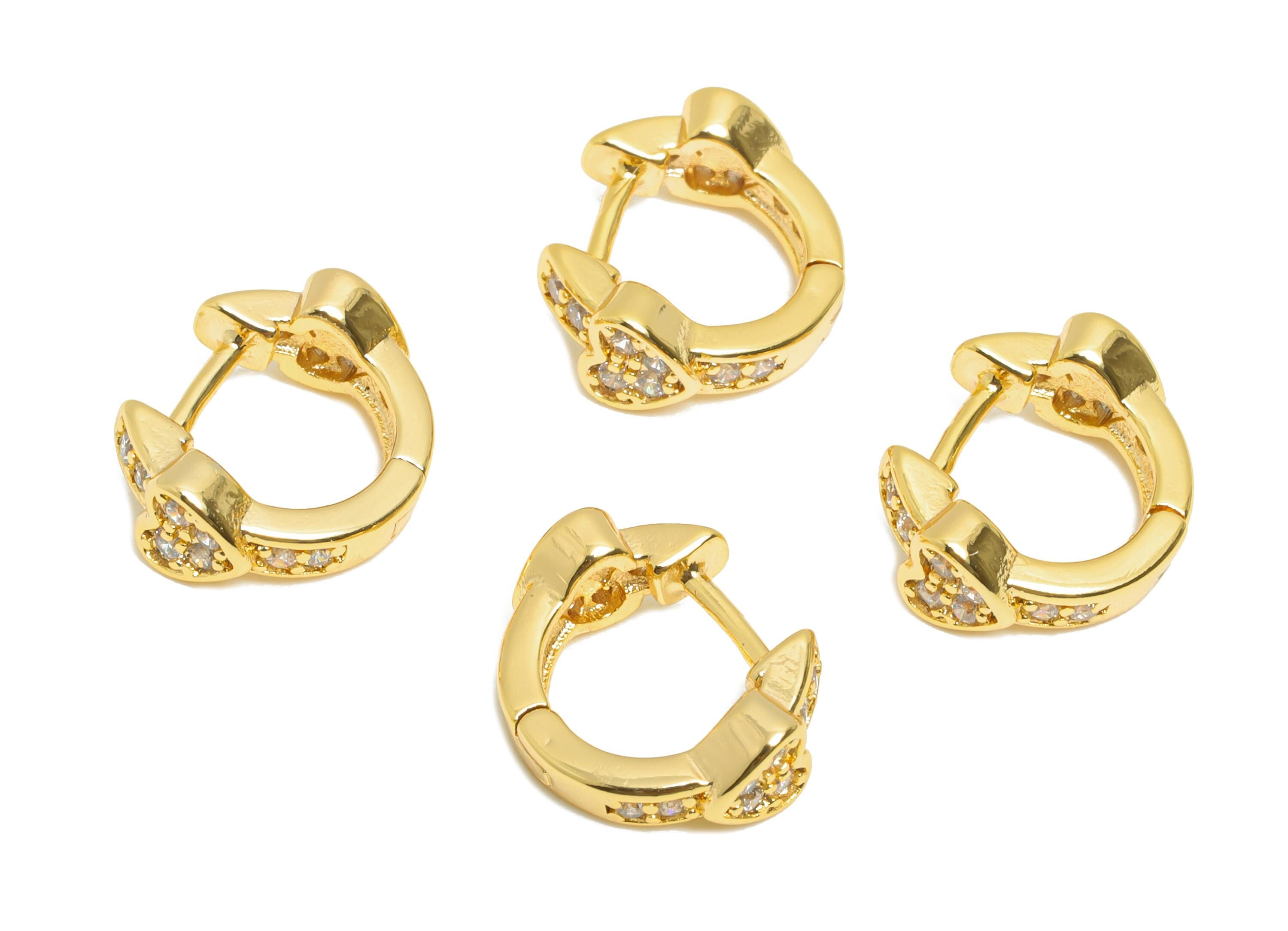 Brass CZ Heart Huggie Hoop Earring - Brass Zircon Hoop Earring - Sparkling Huggie Hoop Clasp - 18K Real Gold Plated - 11.7x11x2mm - RGP10918 - DOMEDBAZAAR