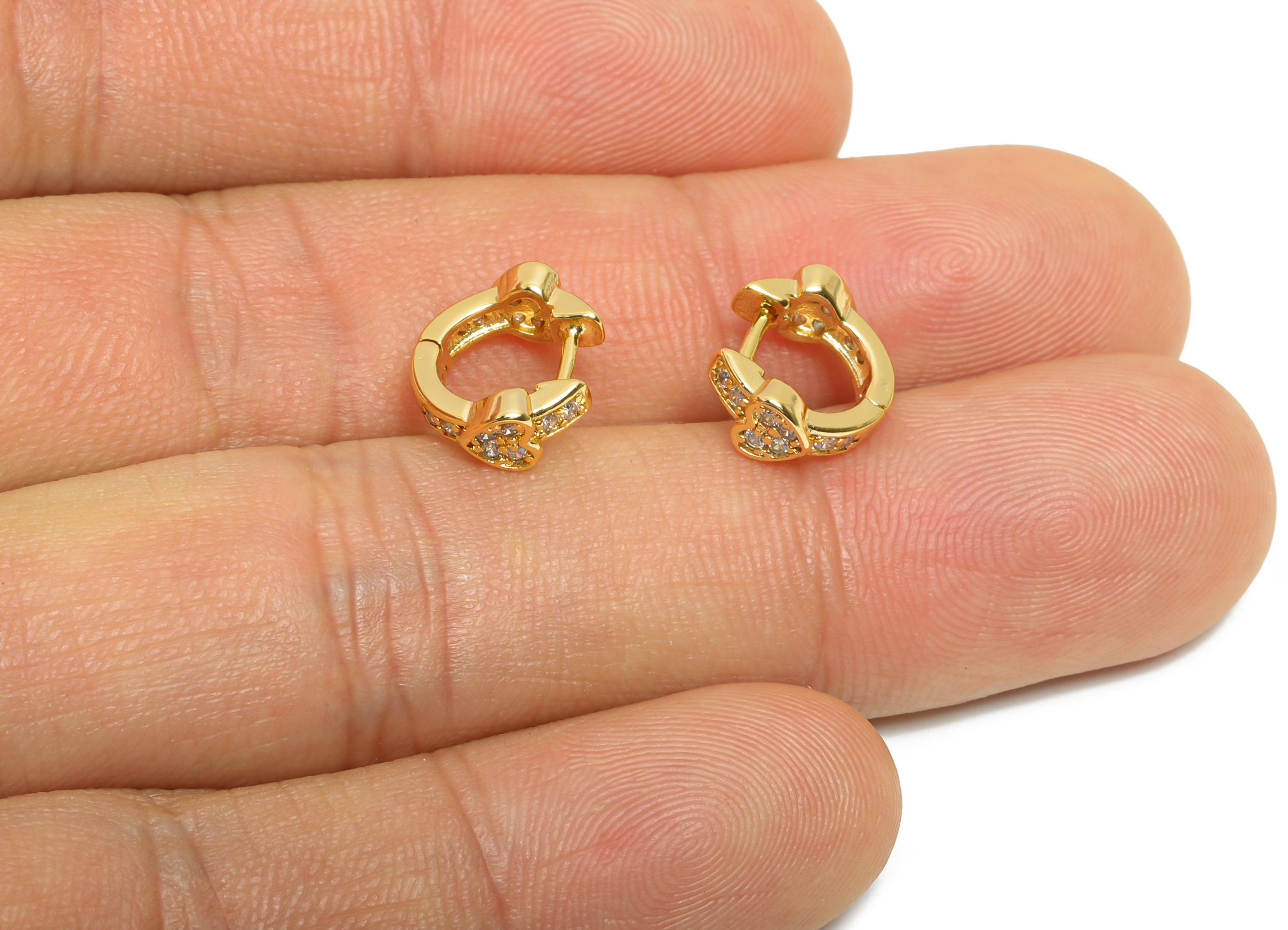 Brass CZ Heart Huggie Hoop Earring - Brass Zircon Hoop Earring - Sparkling Huggie Hoop Clasp - 18K Real Gold Plated - 11.7x11x2mm - RGP10918 - DOMEDBAZAAR