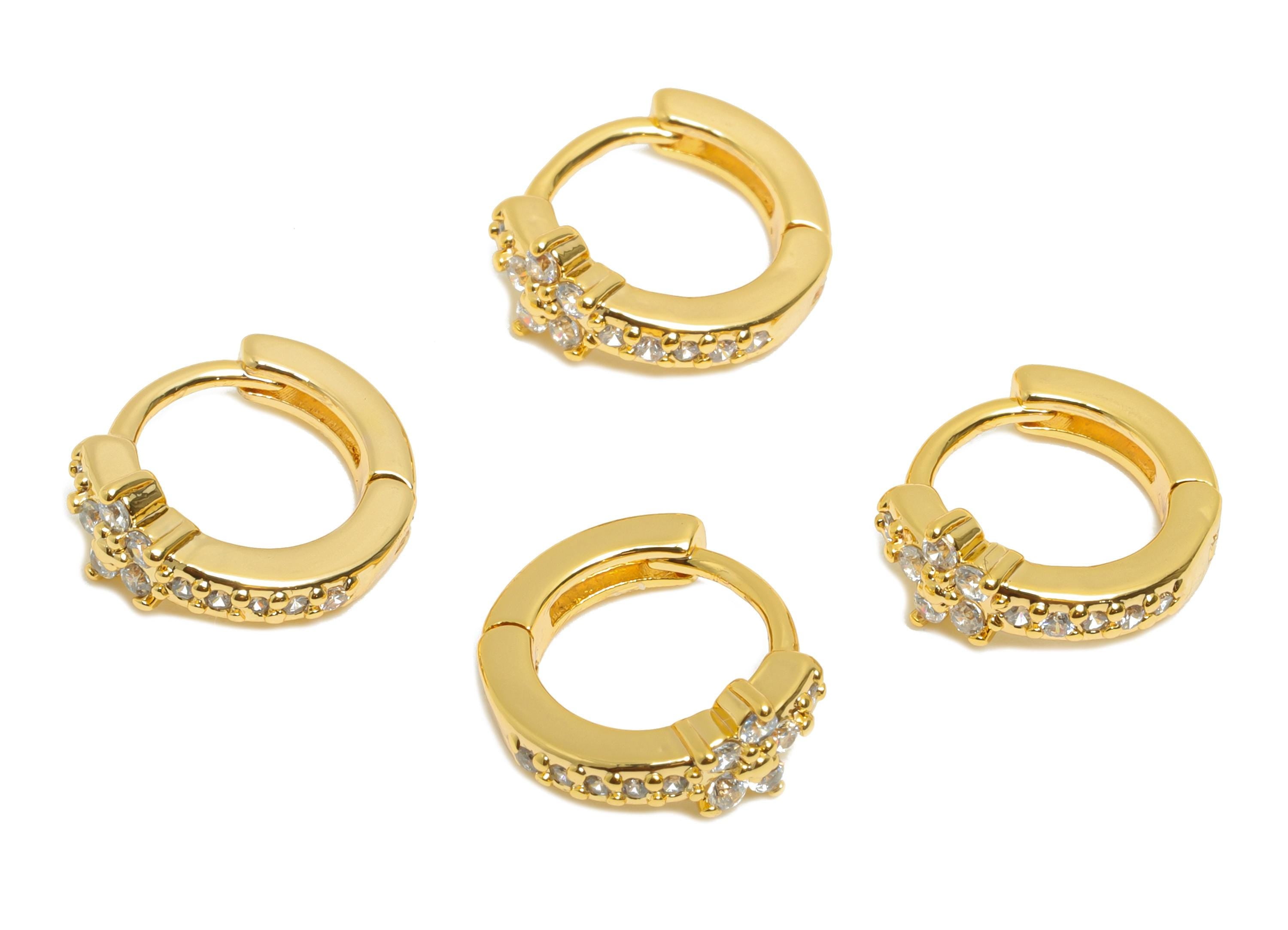 Brass CZ Floral Huggie Hoop Earring - Mini Brass Flower Zircon Earring - Everyday Wear - 18K Real Gold Plated - 10.48x9.43x4mm - RGP10852 - DOMEDBAZAAR